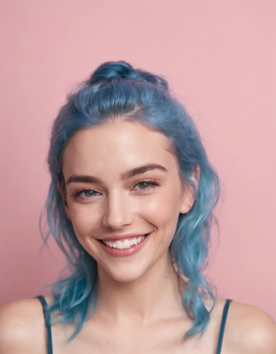 laughing woman with blue hair smiles on pink background, in the style of blue, brooke didonato, close-up shots, flickr, emotive body language, candid celebrity shots, salon kei -