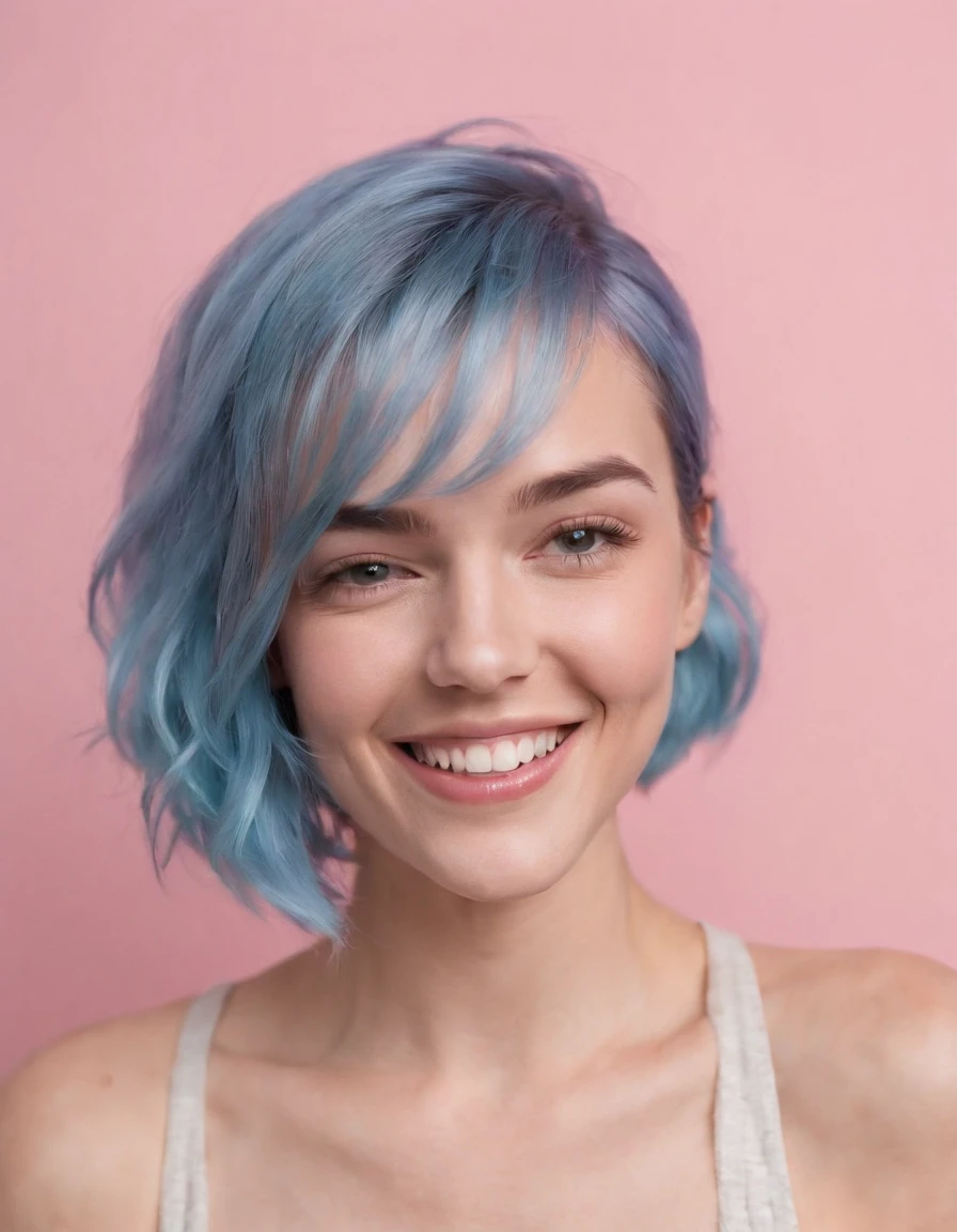 laughing woman with blue hair smiles on pink background, in the style of blue, brooke didonato, close-up shots, flickr, emotive body language, candid celebrity shots, salon kei -