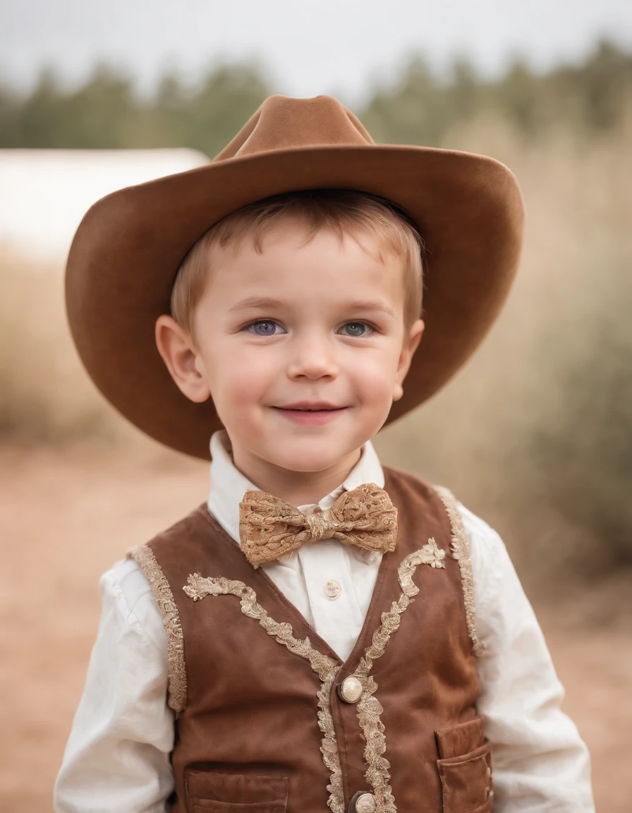 happy  boy in retro style cowboy costumes, natural lighting, sunny day, half length shot, white background, high quality photo