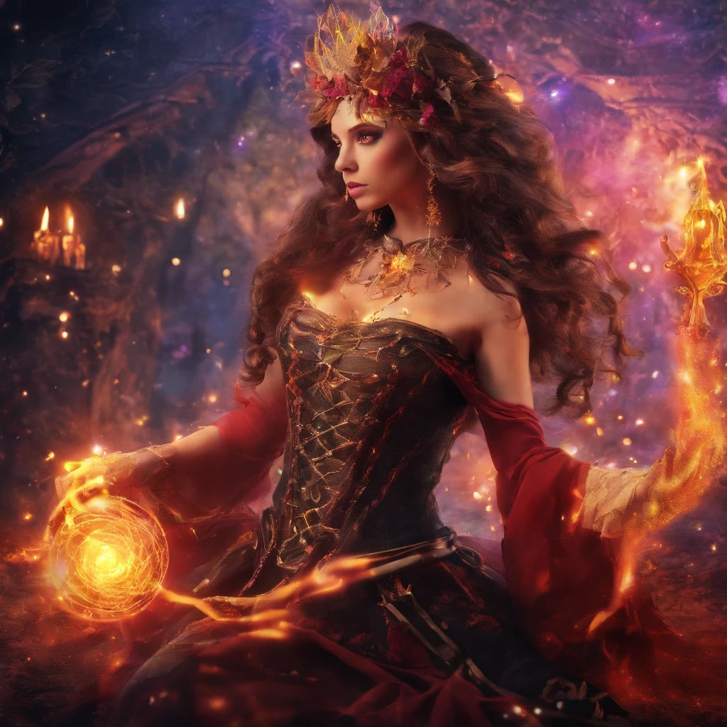 modelshoot style, waist up, award winning digital art of a beautiful sorceress conjuring fire, fully clothed, in a burning and destroyed fantasy village, detailed eyes, magical, d&d, masterpiece, best quality, high contrast, soft lighting, backlighting, bloom, light sparkles, chromatic aberration, smooth, sharp focus