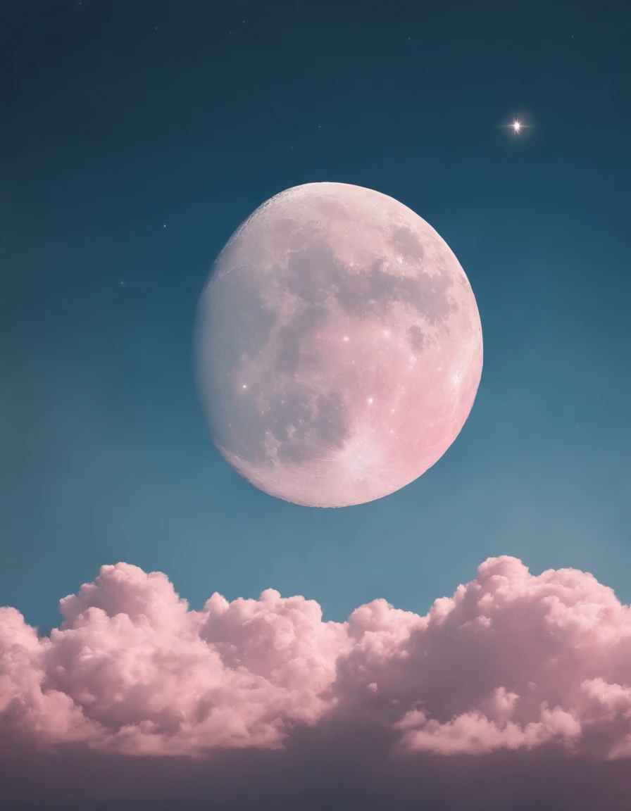 stars in a blue sky with the moon on a cloud, in the style of pink and gold, dreamy symbolism, flickr, animated gifs, pictorial dreams, installation-based, light silver and gold