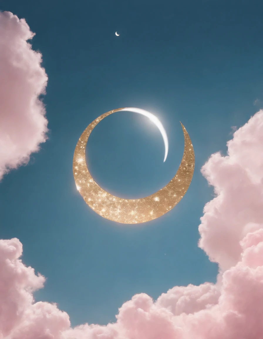stars in a blue sky with the moon on a cloud, in the style of pink and gold, dreamy symbolism, flickr, animated gifs, pictorial dreams, installation-based, light silver and gold