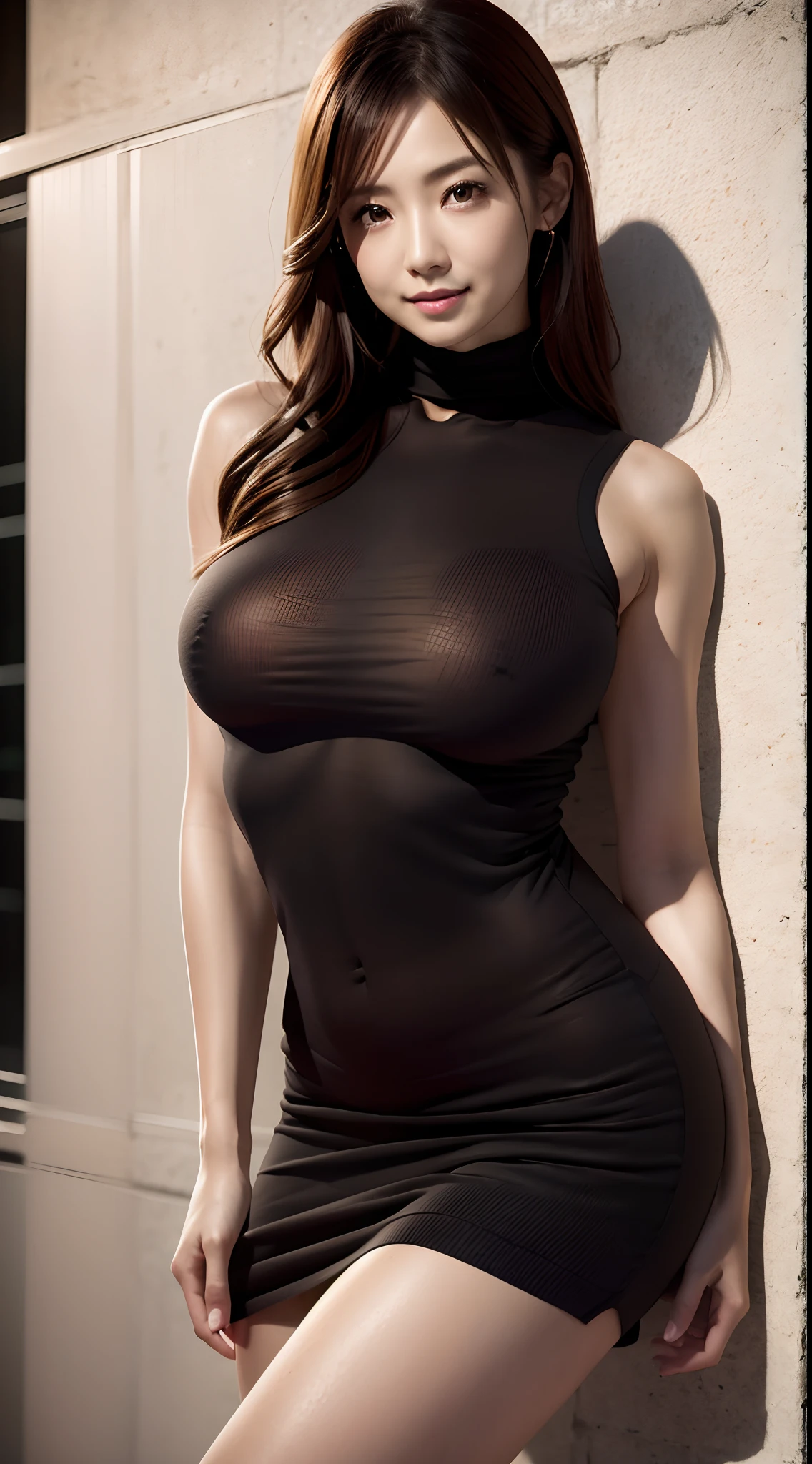 Photorealistic, masutepiece, Best Quality, Raw photo, Night situation:1.5, Street side, Dark Street,
1girl in, medium lenght hair, Brown hair, (Very pretty and beautiful Japan actress face:1.3,, Beautiful clean face),
A charming expression, Shiny Orange Turtleneck Sweater, Sleeveless, Black knitted skirt,
Looking at Viewer, Stand on the wall, Engaging pose, Seductive smile, Cinematic lighting, At night, In the Dark, deepshadow, At night, Natural Shading, lowkey, intricate detailes, Detailed skin, Pore, hight resolution, nffsw, 4K, Realistic,