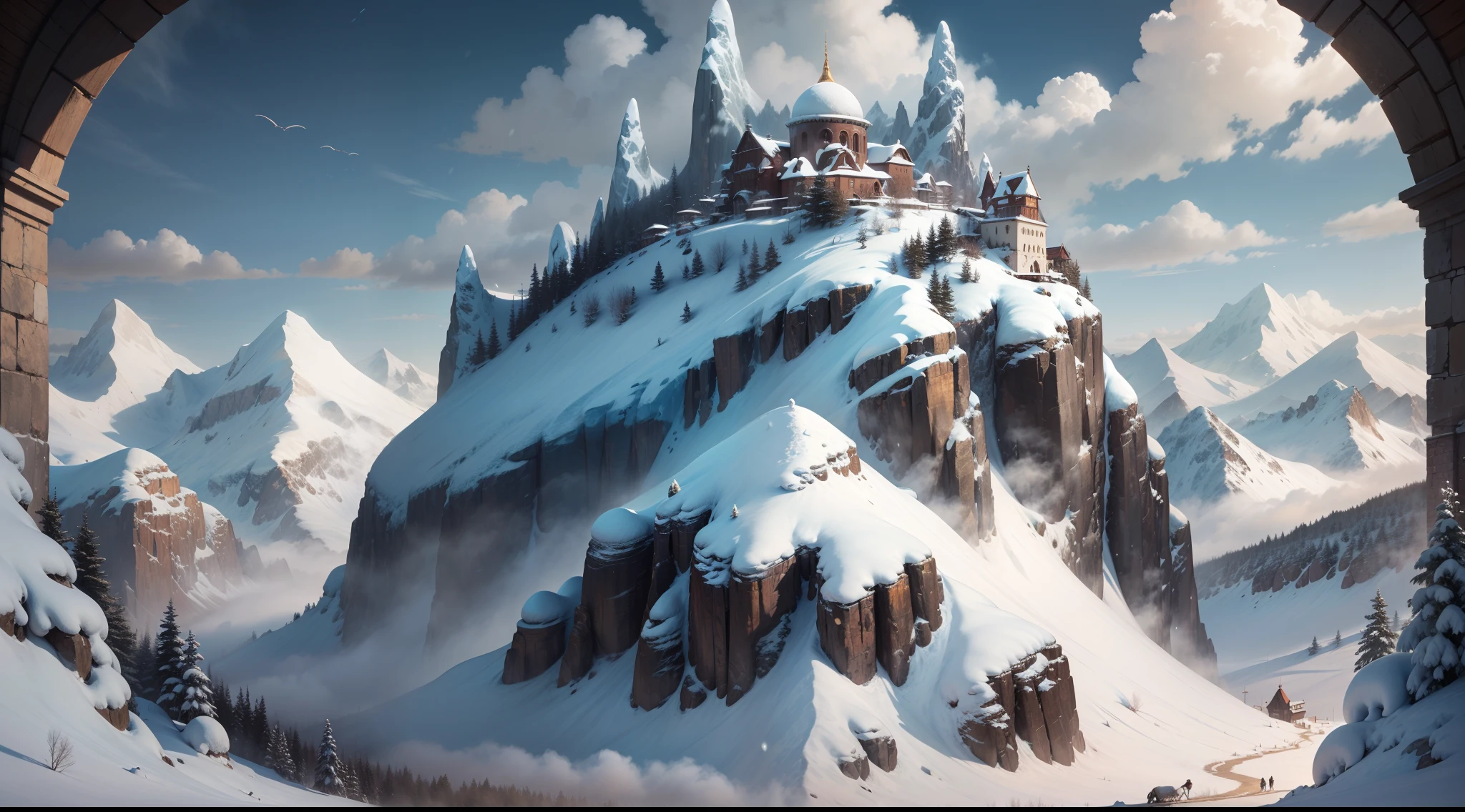 long-shot, establishing shot, cinematic, snowy mountain range, an ancient Monastery, and a yeti
