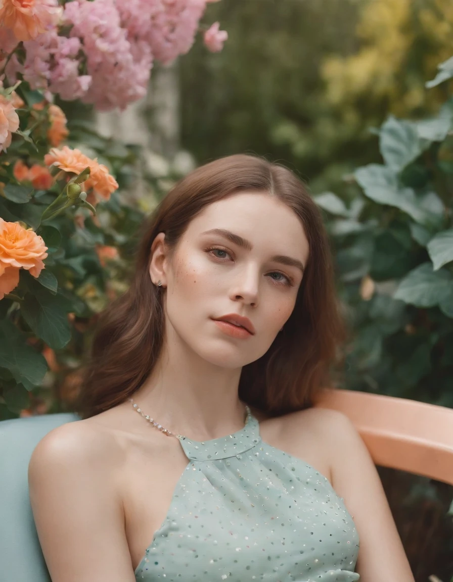 young woman laying on a chair in a colorful garden, in the style of postmodern portraiture, confetti-like dots, minimal retouching, pastel-hued, eye-catching resin jewelry, close-up shots, daniela uhlig