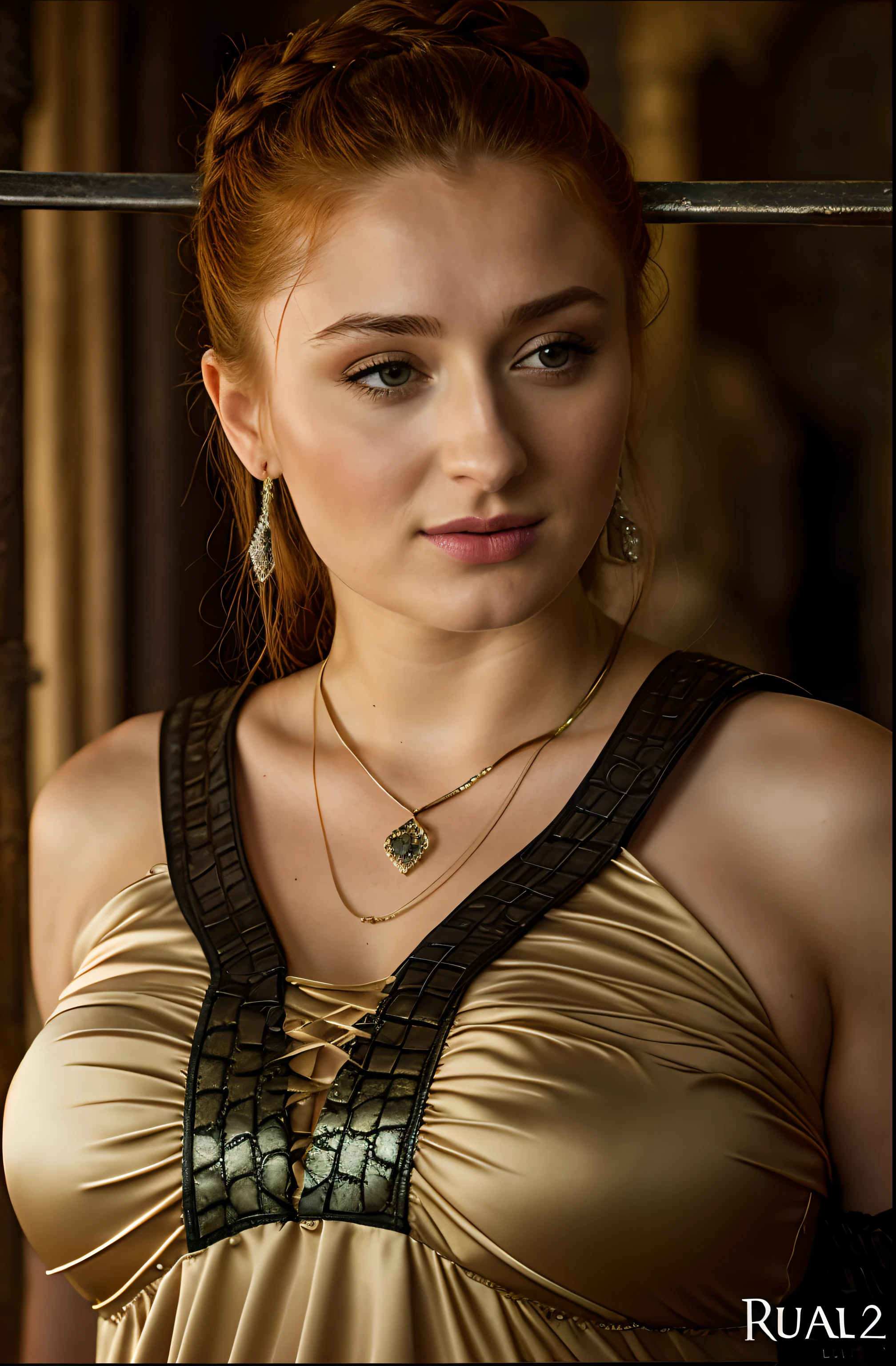 Foto RAW, Sansa Stark, Extremely gorgeous lady, Sansa Stark PLAYED BY Sophie Turner, Queen Sansa Stark, she is a mature woman now, milf, sexy mediaeval battle dress, gladiator woman, body, 45 years old Woman, body revealing costumes, perky breast, alluring figure, big natural breast, mediaeval costumes, mediaeval queen dress, erotic costumes, lusty physique, seductive figure can capture every people's attention, Game of thrones costumes, revealing captivating figure, Mediaeval costumes, revealing clothes, A tomboy, she would rather fence than dance, warrior queen , game of thrones screen caps, Game of Thrones Series, (pele altamente detalhada: 1.2), 8k UHD, DSLR, soft-lighting, alta qualidade, grain of film, Fujifilm XT3