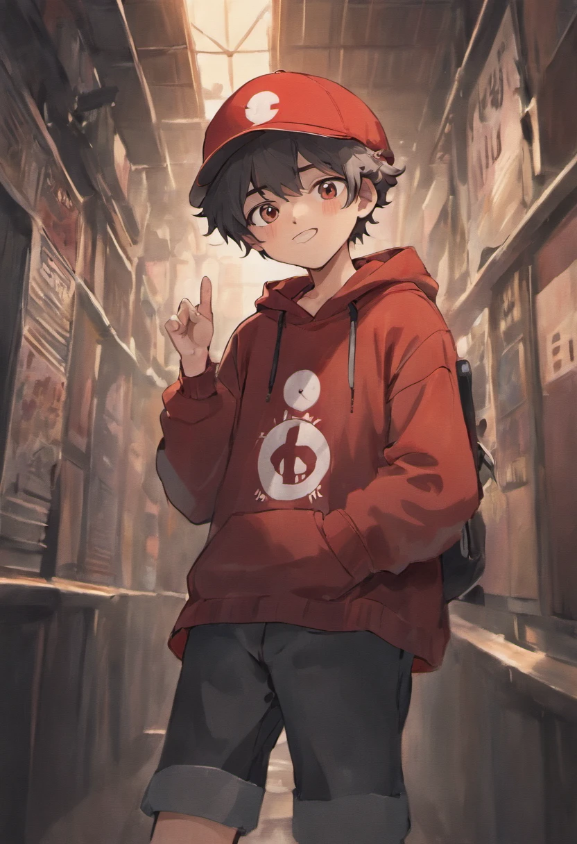 A boy wearing a grey bucket hat with a white smiley face on it, boy has dark brown curly hair, boy is wearing simple red hoodie and black pants, boy is happy closing his eyes while doing the peace sighn with his hands, race: hispanic