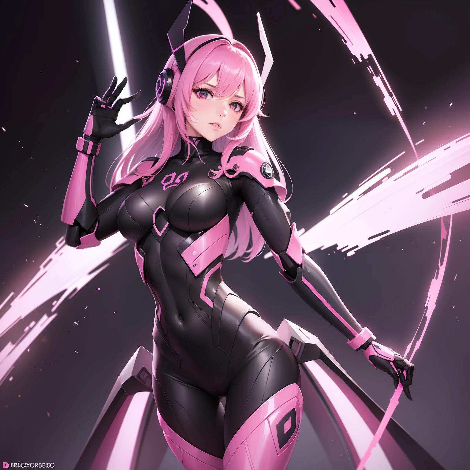 A woman in neon red and neon pink cybernetic outfit full body