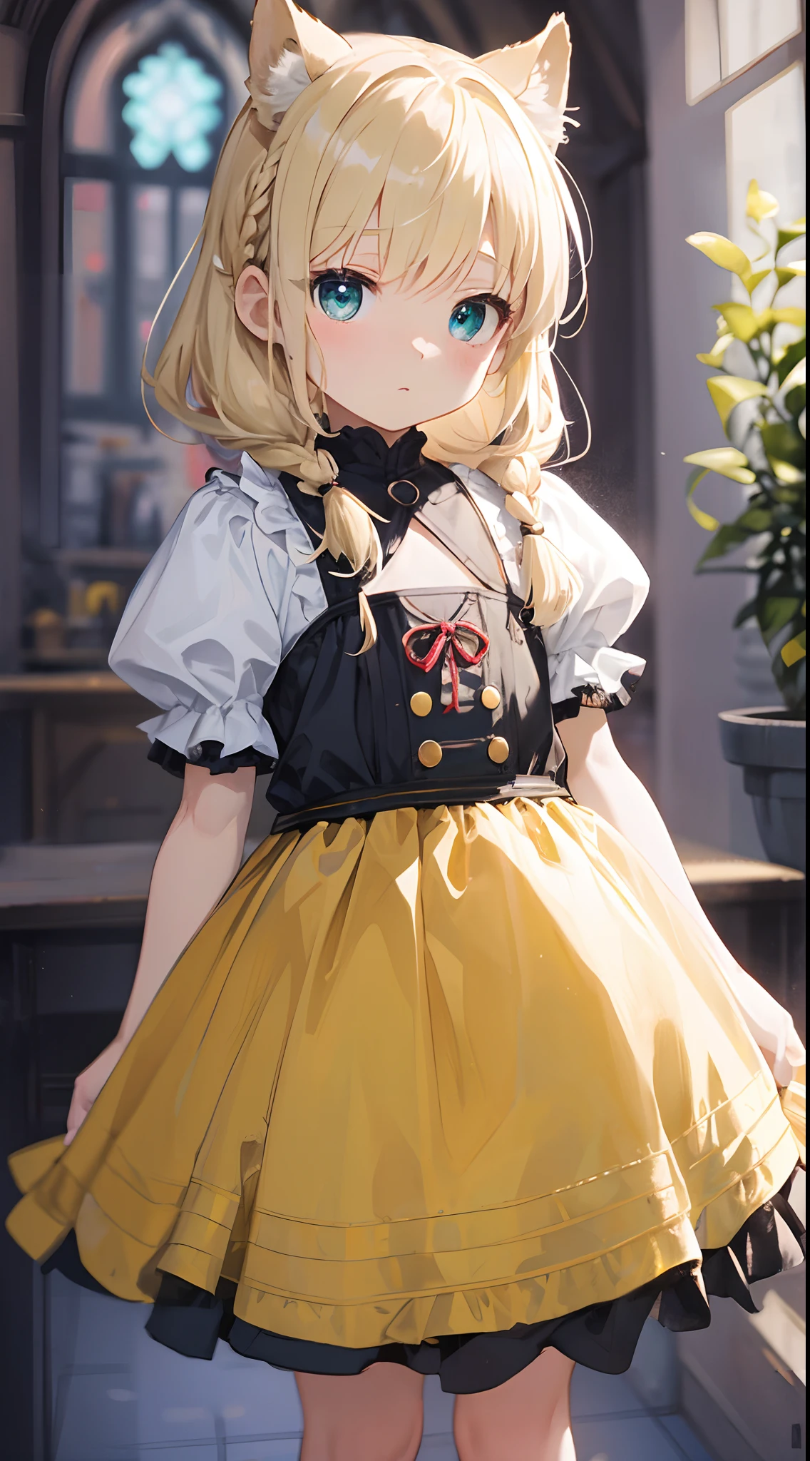 top-quality、masterpiece、The upper part of the body、 (little man:1.6)Ukrainian women、(a smirk:0.4)、 braided blond hair、 emerald eyes、 Medieval dress neckline、 Ghibli's Worldview、central、Blur the background、独奏、flat chest , Flat、childish、Infant body type、toddlers