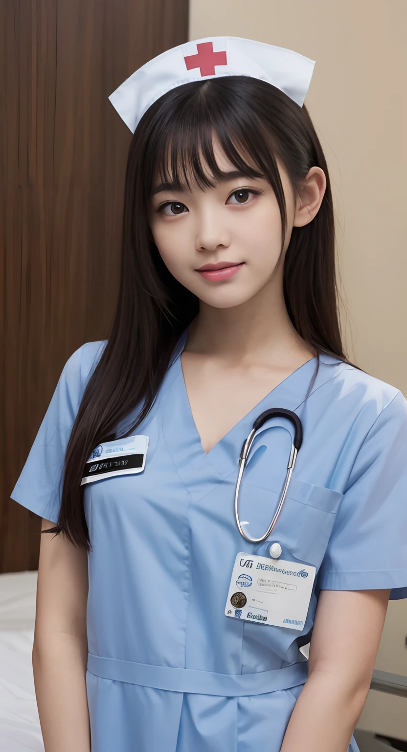 (top-quality、masterpiece:1.2)、Best Quality、realisitic、photoshot、hight resolution、1080p、8K、Textured skin、Physical Rendering、1 Japan Girls、a 、kawaii、Young Face、Rolled hair、(nurse's outfit:1.5)、Hospital Beds、up of face、full of shyness、smil、Big