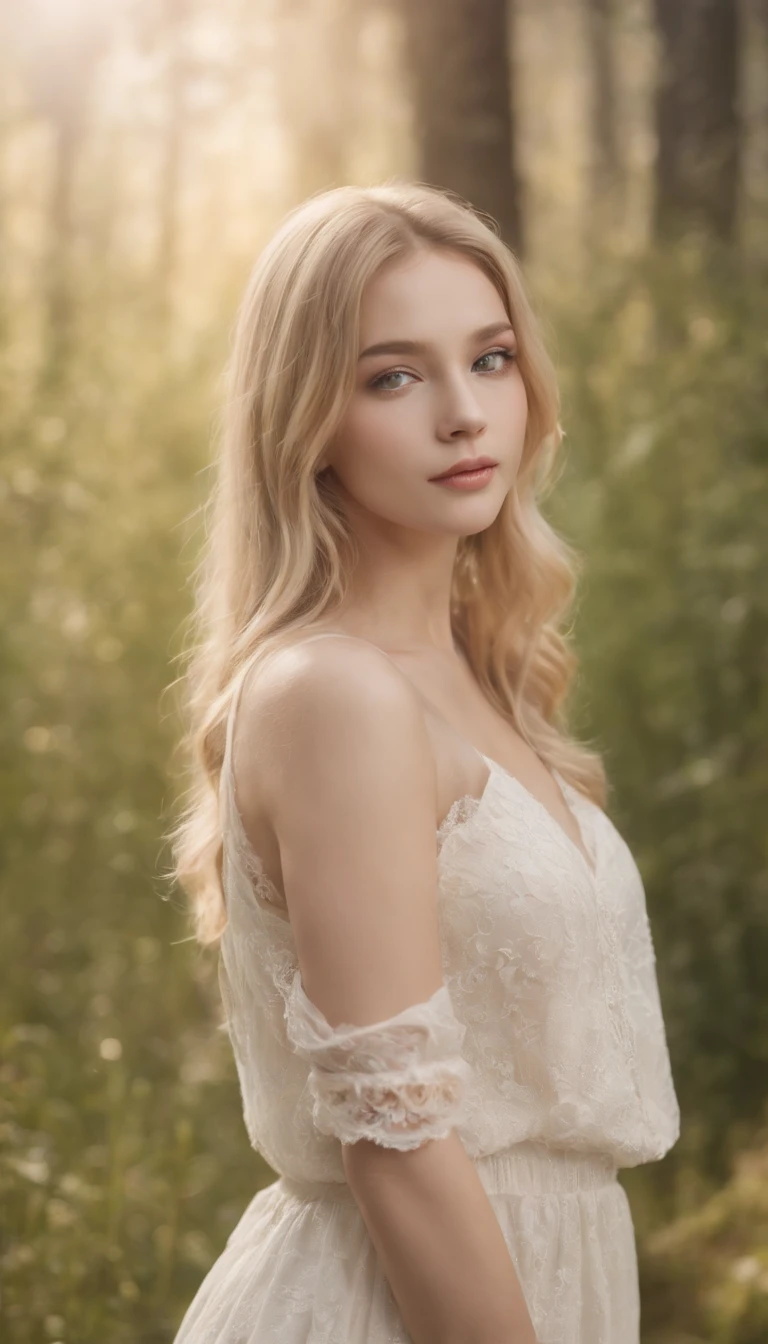 Best Quality, masutepiece, ultra-detailliert, 1 girl, full , Full body, Full body, Detailed body, Well shaded, bed, Thin figure, Pretty Face, lovely, expression, Looking at Viewer, Green eyes , Blonde hair, Long hair, Beautiful detailed eyes, Focus, Detailed , hairy
