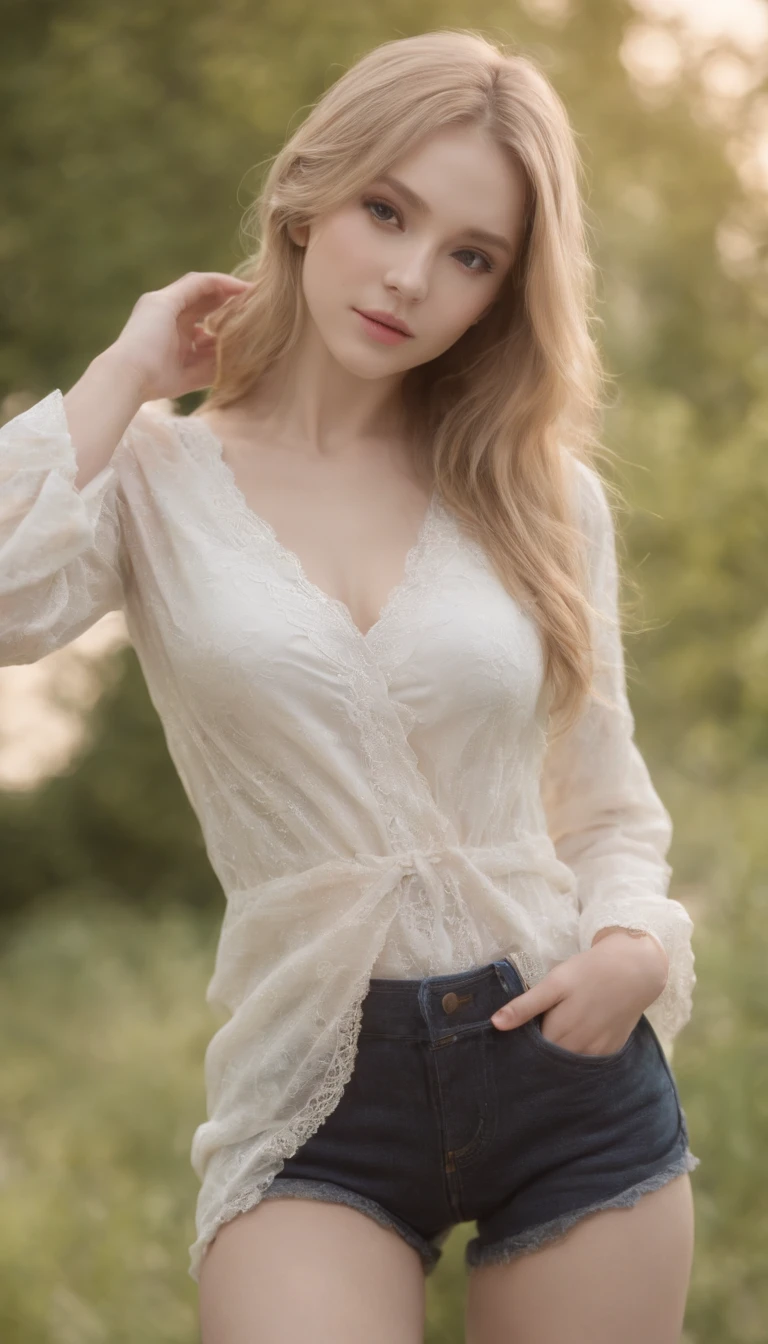 Best Quality, masutepiece, ultra-detailliert, 1 girl, full , Full body, Full body, Detailed body, Well shaded, bed, Thin figure, Pretty Face, lovely, expression, Looking at Viewer, Green eyes , Blonde hair, Long hair, Beautiful detailed eyes, Focus, Detailed , hairy