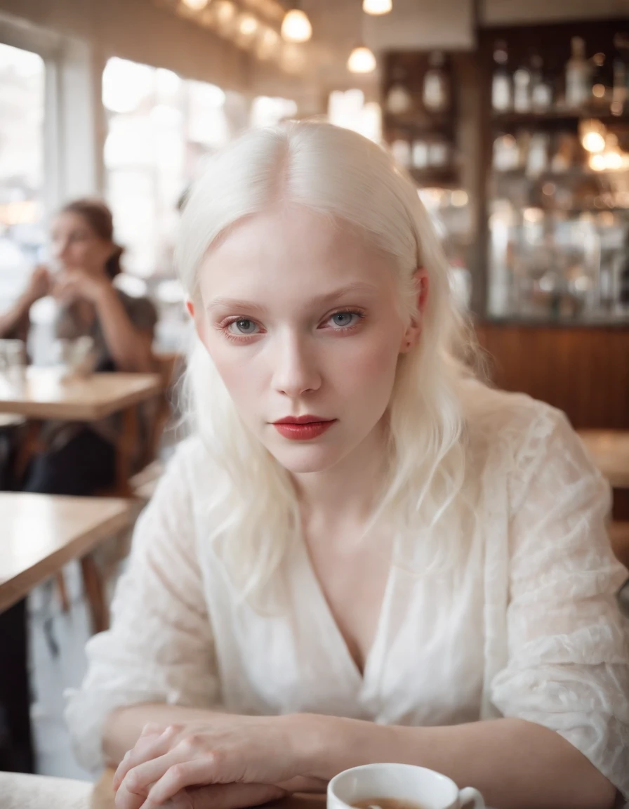 a beautiful albino woman in a cafe lomography style photo --ar 7:4 --v 5.1 --style raw --no watermarks