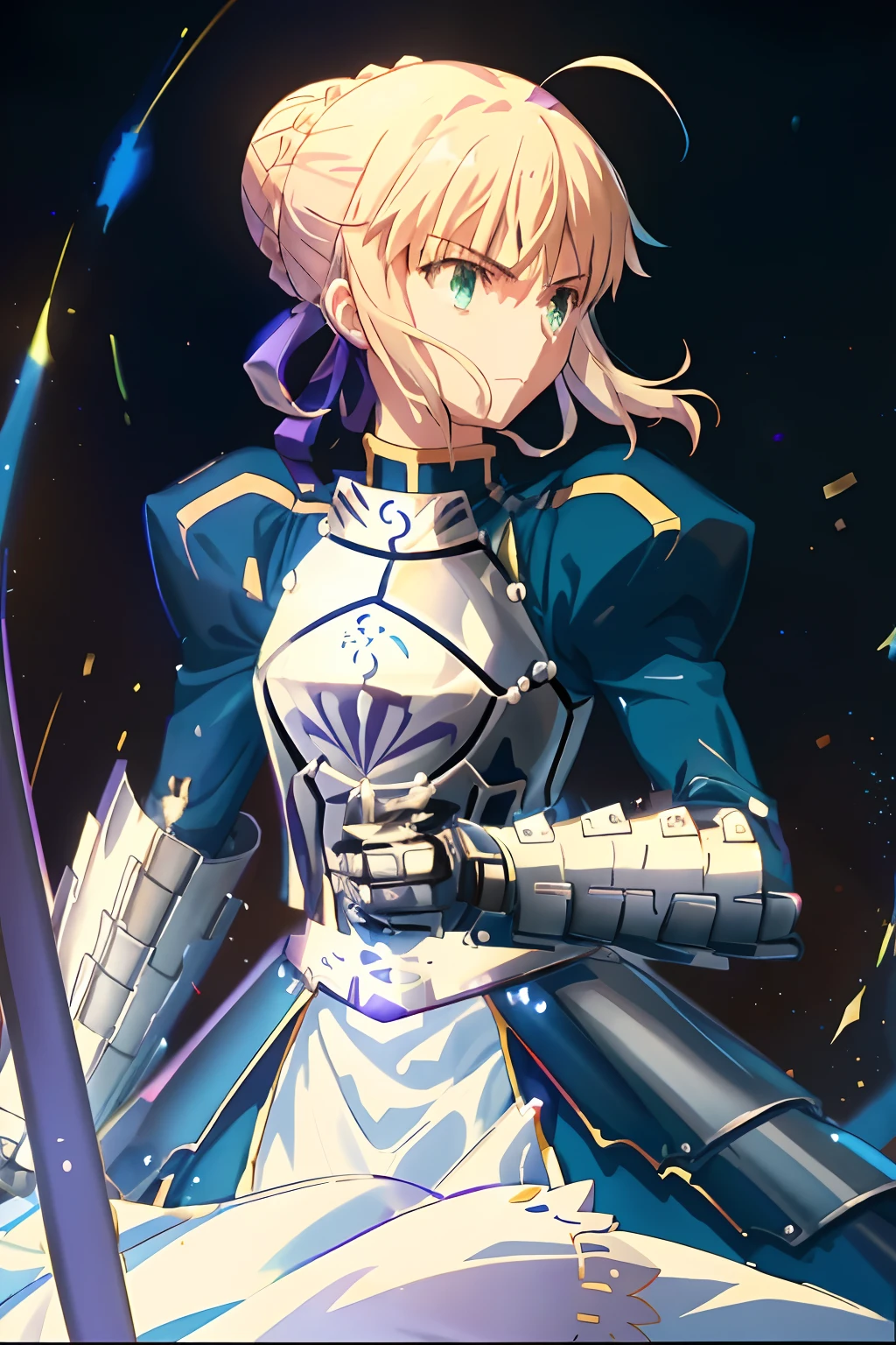 Anime girl holding sword and armor in front of the stars, fate / stay night, Artoria Pendragon, fate stay night, fate zero, fate/Zero, fate grand order, rapier, offcial art, she is holding a sword, anime style like fate/stay night, Violet Evergarden, lianna, Key anime art, Official artwork