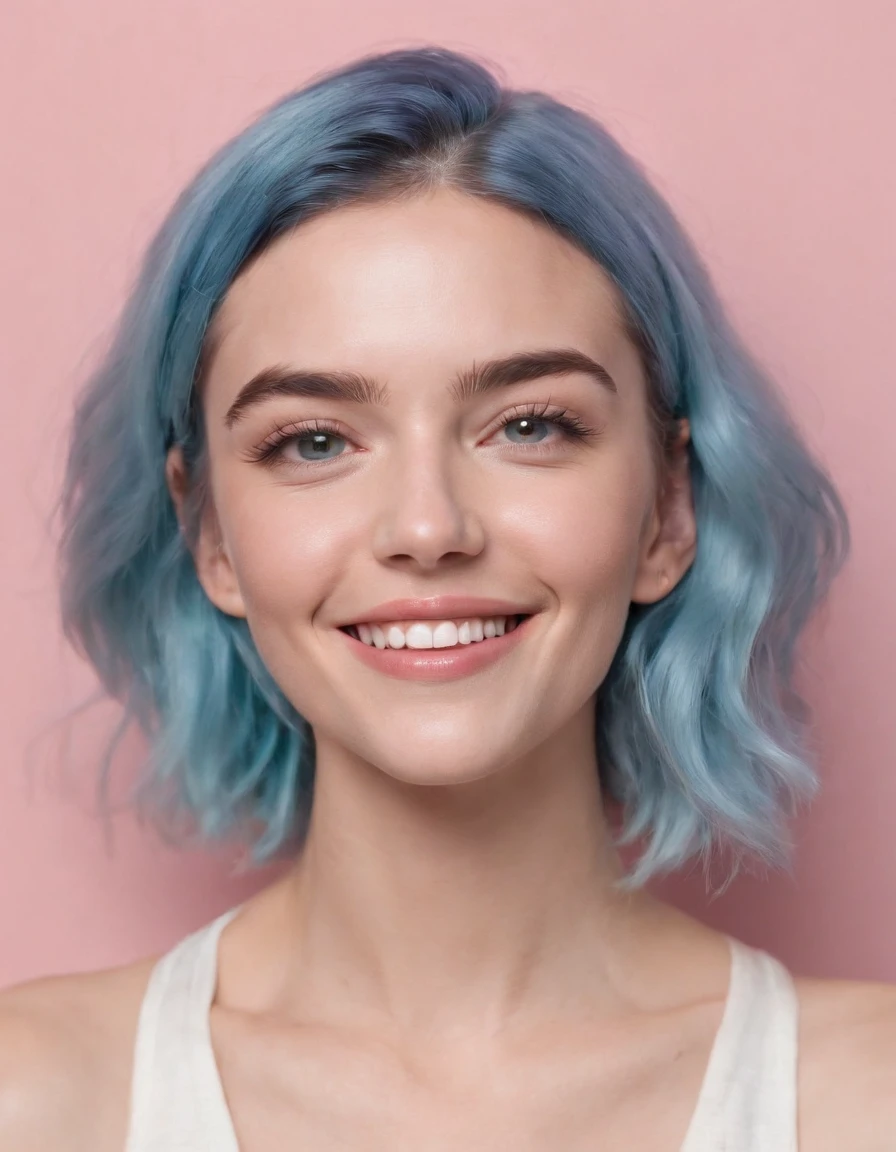 laughing woman with blue hair smiles on pink background, in the style of blue, brooke didonato, close-up shots, flickr, emotive body language, candid celebrity shots, salon kei,(medium shot)