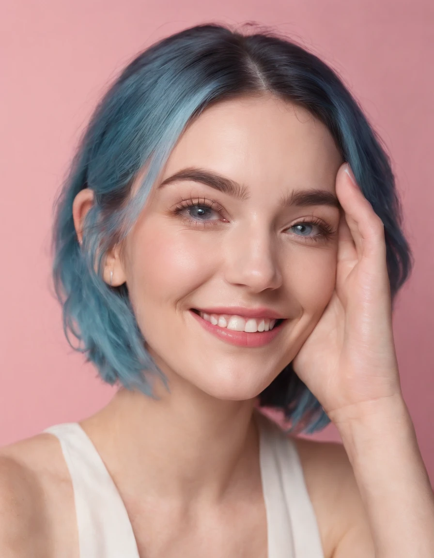 laughing woman with blue hair smiles on pink background, in the style of blue, brooke didonato, close-up shots, flickr, emotive body language, candid celebrity shots, salon kei,(medium shot)