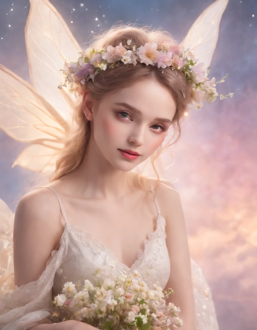 faery, Flowers, Sits, fairy wings, fairytale, phantasy, soft light, radiance,, Pastel colors, the night, clouds, the stars，upper body