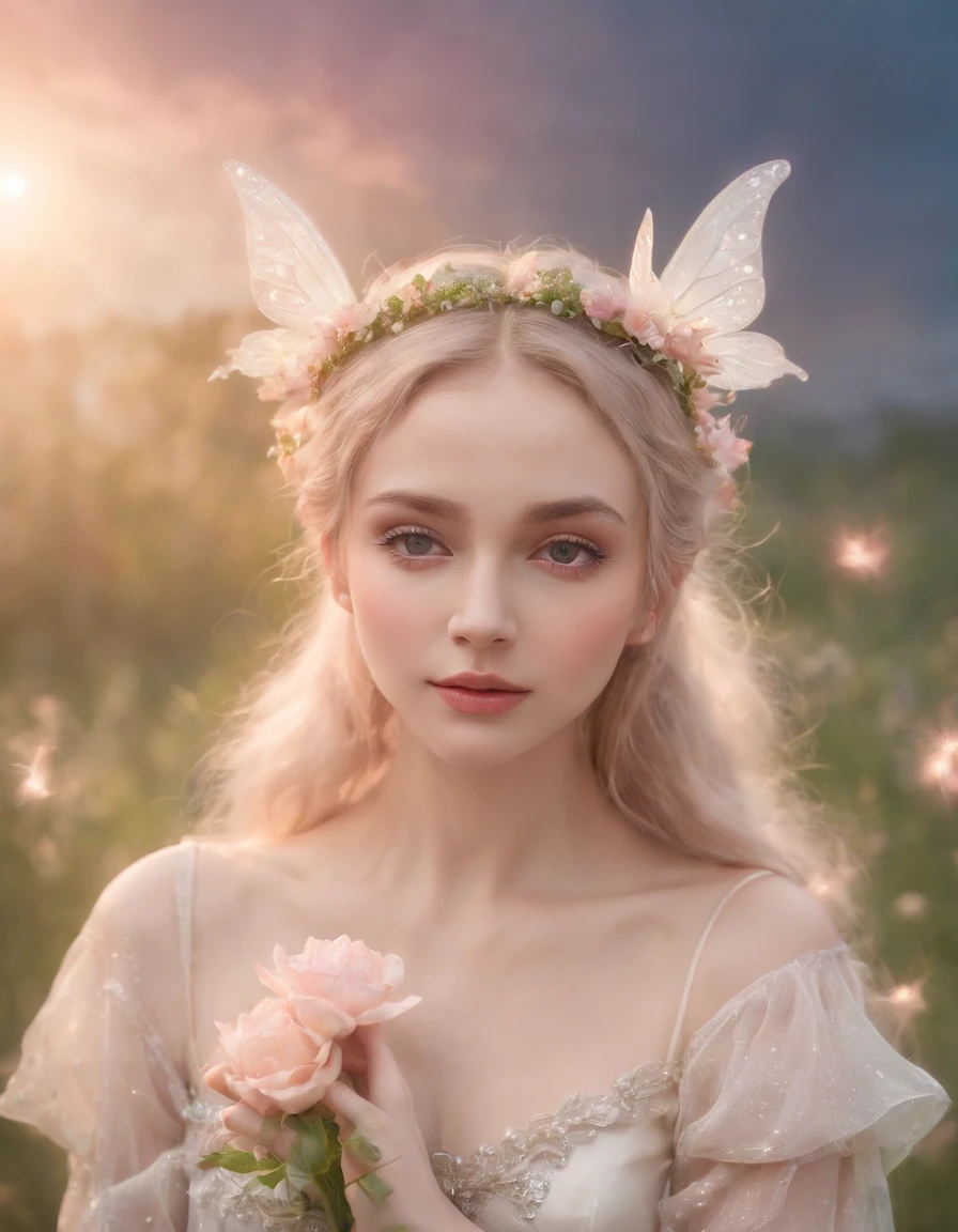 faery, Flowers, Sits, fairy wings, fairytale, phantasy, soft light, radiance,, Pastel colors, the night, clouds, the stars，upper body