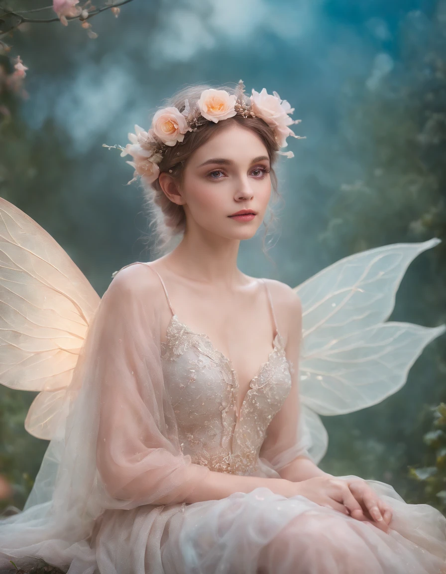 faery, Flowers, Sits, fairy wings, fairytale, phantasy, soft light, radiance,, Pastel colors, the night, clouds, the stars,upper body