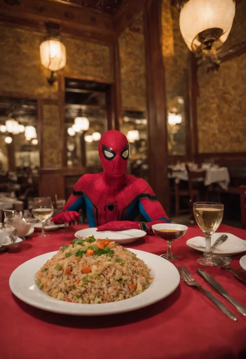 Cinematographer, ultra realista, Ropa detallada, Bellamente detallado, UHD, HDR, Altas Resoluciones, ultra detallado, Detalles intrincados, Efectos texturales, absurdos, obra maestra, 8k:1.2. En esta imagen, vemos a Spider-Man en un inusual descanso de sus actividades heroicas. He's standing in a chic Asian restaurant in his iconic costume.......................... Spider-Man holds a bowl of Chinese fried rice mixed with oriental stir-fried noodles in his hands skillfully.., usando unos elegantes palillos chinos para llevar un bocado a su boca. The plate is full of fried rice, salteado. The restaurant is decorated with traditional Chinese elements, como linternas rojas colgando del techo y dragones dorados esculpidos en las paredes. The dim light of the lanterns creates a warm and welcoming atmosphere in the place.