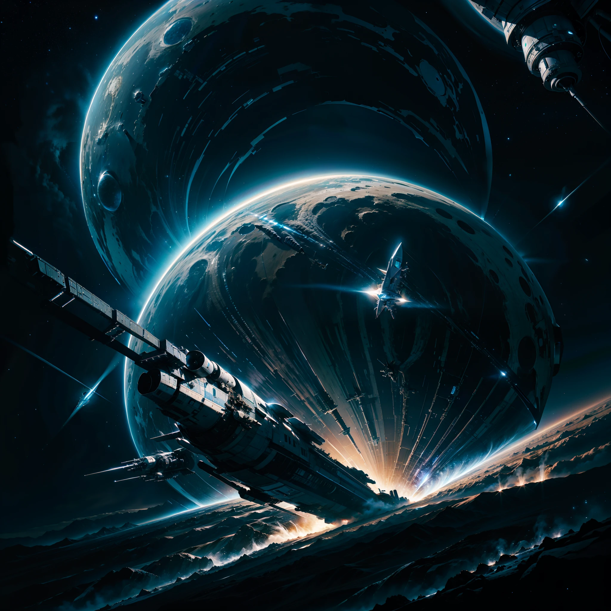 tmasterpiece,high qulity,Close-up of the spaceship,Interstellar scene,Mechanical and technological spacecraft fly towards the black hole,Blue energy engine,Magnificent spatial images,Stretching,8K,Ray traching,