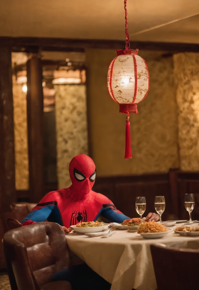 Cinematographer, ultra realista, Ropa detallada, Bellamente detallado, UHD, HDR, Altas Resoluciones, ultra detallado, Detalles intrincados, Efectos texturales, absurdos, obra maestra, 8k:1.2. En esta imagen, vemos a Spider-Man en un inusual descanso de sus actividades heroicas. He's standing in a chic Asian restaurant in his iconic costume......................... Spider-Man holds a bowl of Chinese fried rice mixed with oriental stir-fried noodles in his hands skillfully.., usando unos elegantes palillos chinos para llevar un bocado a su boca. The plate is full of fried rice, salteado. The restaurant is decorated with traditional Chinese elements, como linternas rojas colgando del techo y dragones dorados esculpidos en las paredes. The dim light of the lanterns creates a warm and welcoming atmosphere in the place.