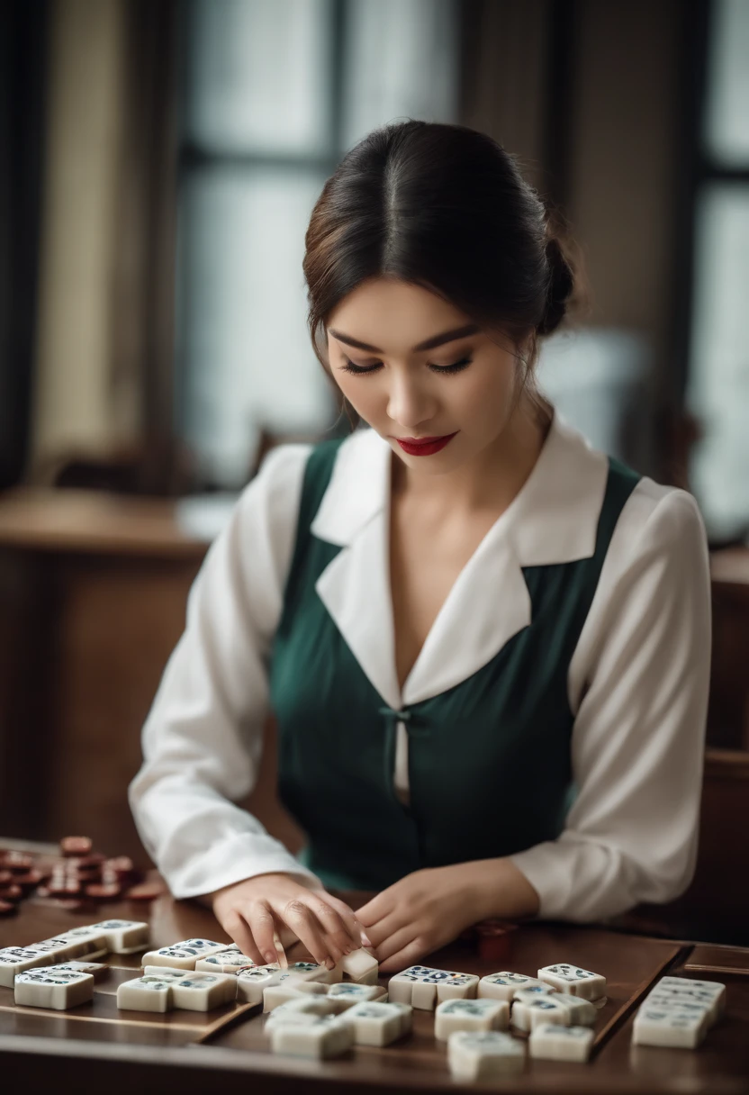 Sexy girl playing mahjong，((Milk is large but does not leak business lines，)),(Photorealistic:1.4),RAW photo,in a panoramic view,Character portrait,very wide wide shot,Narrow waist