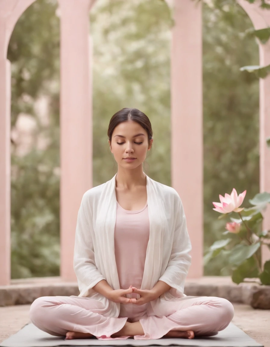 woman in lotus flower pose meditating, surreal setting, pale pink colors, high quality photography(medium long shot)
