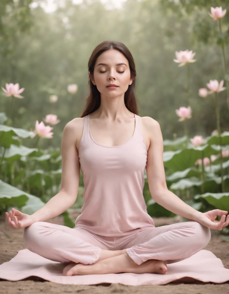 woman in lotus flower pose meditating, surreal setting, pale pink colors, high quality photography(medium long shot)