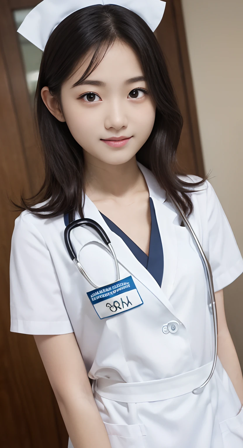 ((NSFW:1.35))、(hospital:1.5)、Sit on the bed、Female nurse、Modern Hairstyles、smile、(Very huge bigger than a face:1.85)Women、(24-years-old)、((Super tight uniform))、Trendy pastel color uniforms、(White Stockings)、Nurse shoes、Name tag on chest、Stethoscope from the neck、(Black Hair)、Highest quality、Ultra-high resolution、(Realistic:1.85)、Beautiful Japanese Eyes、Super Beauty、Perfect Style、Perfect balance、Detailed skin、((Delicate photo)),(Detailed RAW photos of girls), (Tabletop:1.25), (Highest quality:1.6), (Ultra-high resolution:1.5), (Realisticです:1.75), 8k resolution, Canon EOS R5, 50mm, Absurd, Very detailed,Cinema Lighting、(The famous porn actress's main job is as a nurse), ((A nurse with a severe sex addiction))