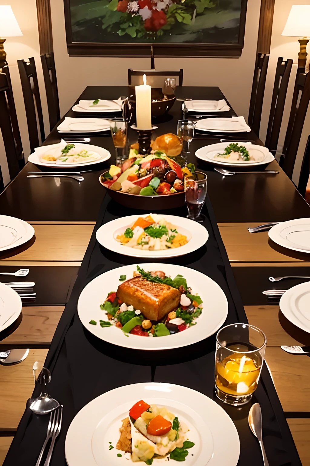 dinner table, gourmet food, facing viewer, quality, anime style, fan art, foods on table, masterpiece
