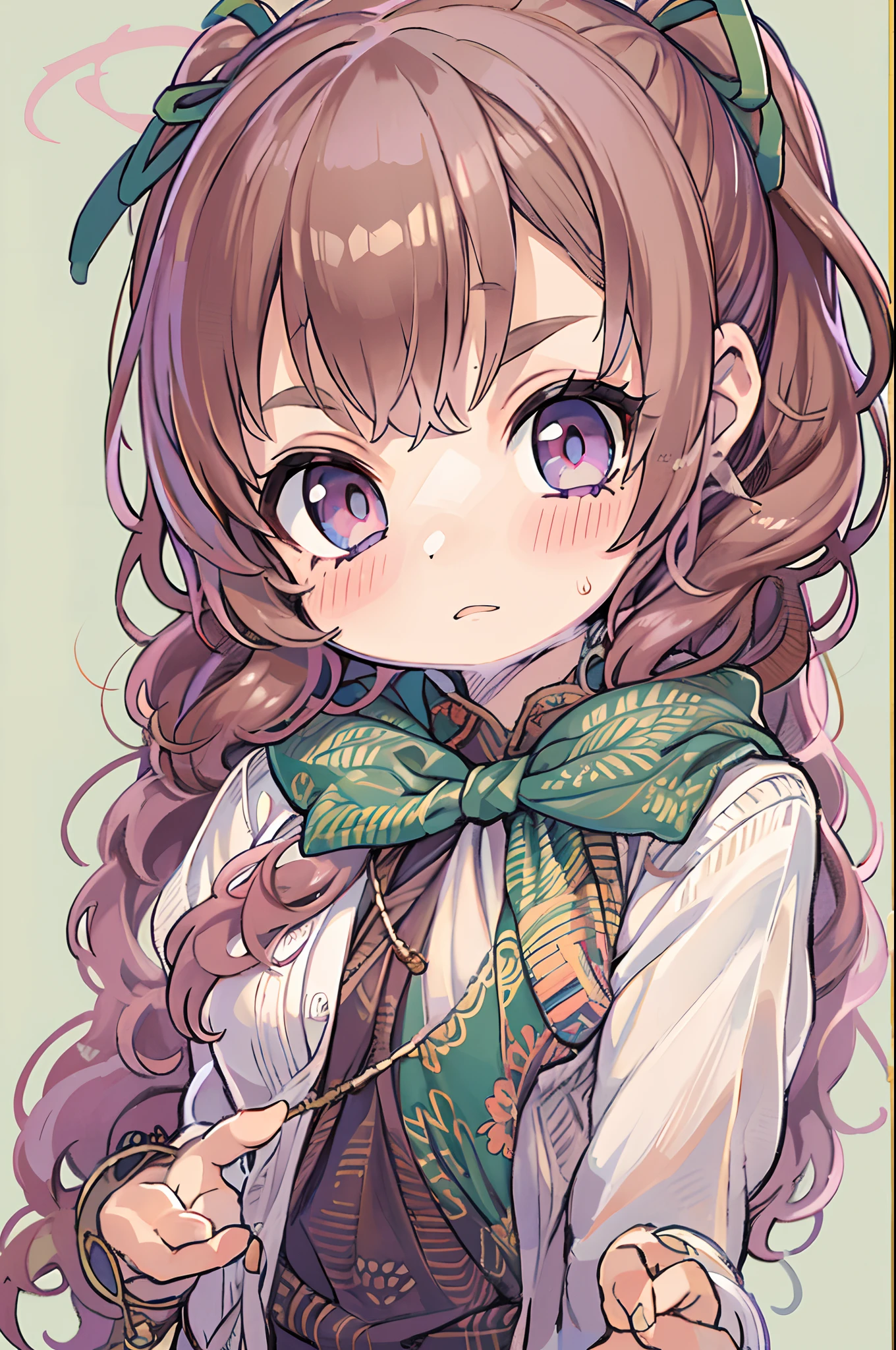 (1girl in), masutepiece, Best Quality, superfine illustration, a very pretty girl, extremely detailed beautiful face, Looking at Viewer, 1girl in, Belt bag, gros-plan, Looking at Viewer, 4K, hight resolution, bow ribbon, Phyllis Mistrout, blush, POV, twin-tail hair, White background, Simple background, thick outline, Purple eyes, (sleep), Brown hair, Chibi, expression of love,  ((Brown hair)),