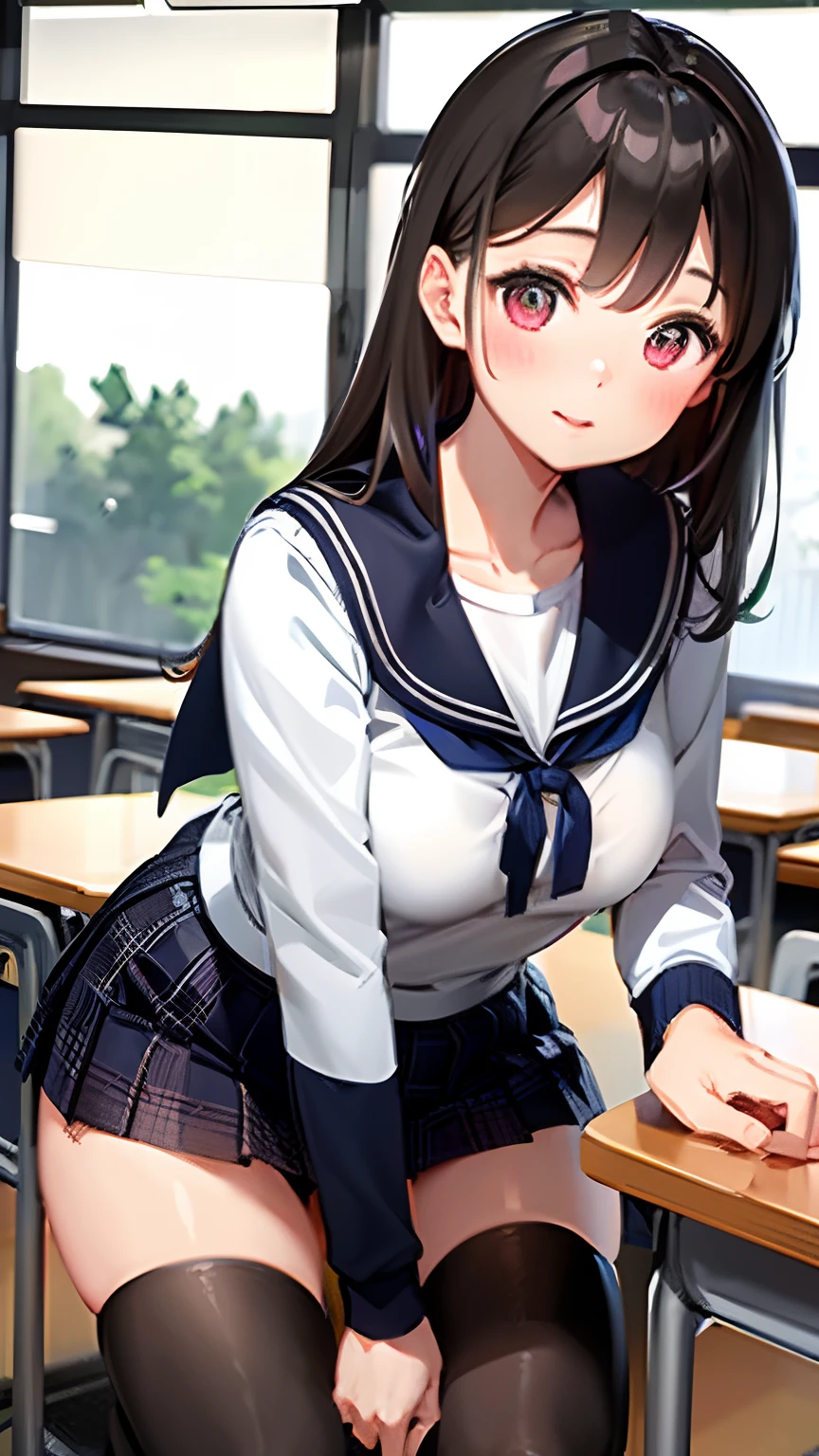 (masuter piece,Best Quality,Ultra-detailed), (A detailed face),portlate, hight resolution, 1girl in, A dark-haired,blouse,Jumper skirt uniform,(Classroom scene),(student clothes),florals