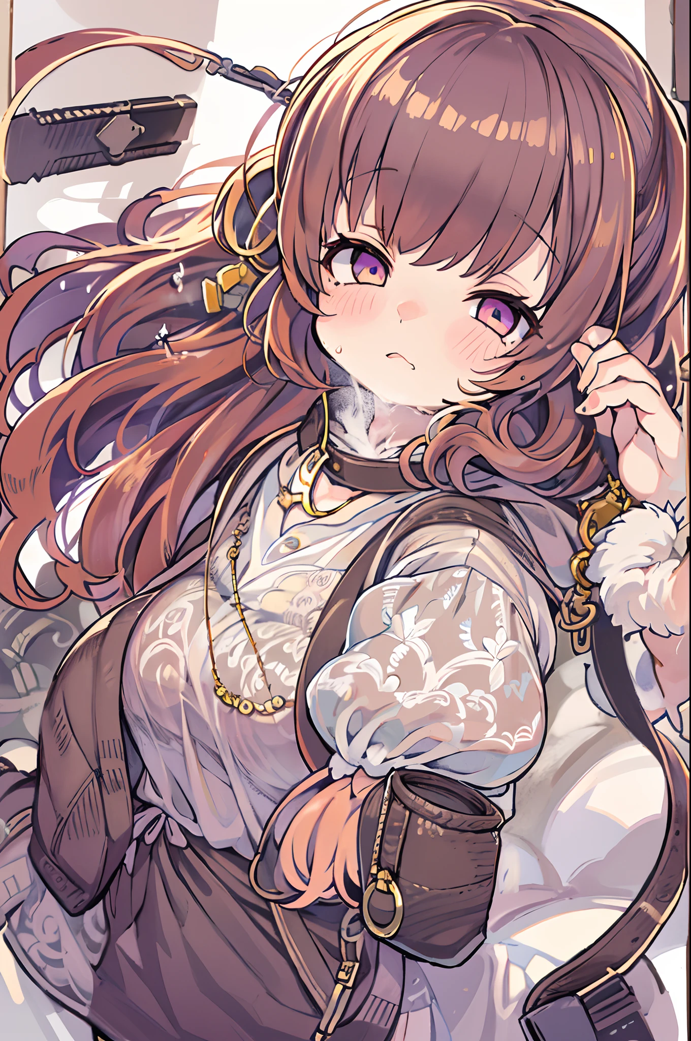 (1girl in), masutepiece, Best Quality, superfine illustration, a very pretty girl, extremely detailed beautiful face, Looking at Viewer, 1girl in, Belt bag, gros-plan, Looking at Viewer, 4K, hight resolution, bow ribbon, Phyllis Mistrout, blush, POV, twin-tail hair, White background, Simple background, thick outline, Purple eyes, (sleep), Brown hair, Chibi, expression of love, ((Brown hair)),