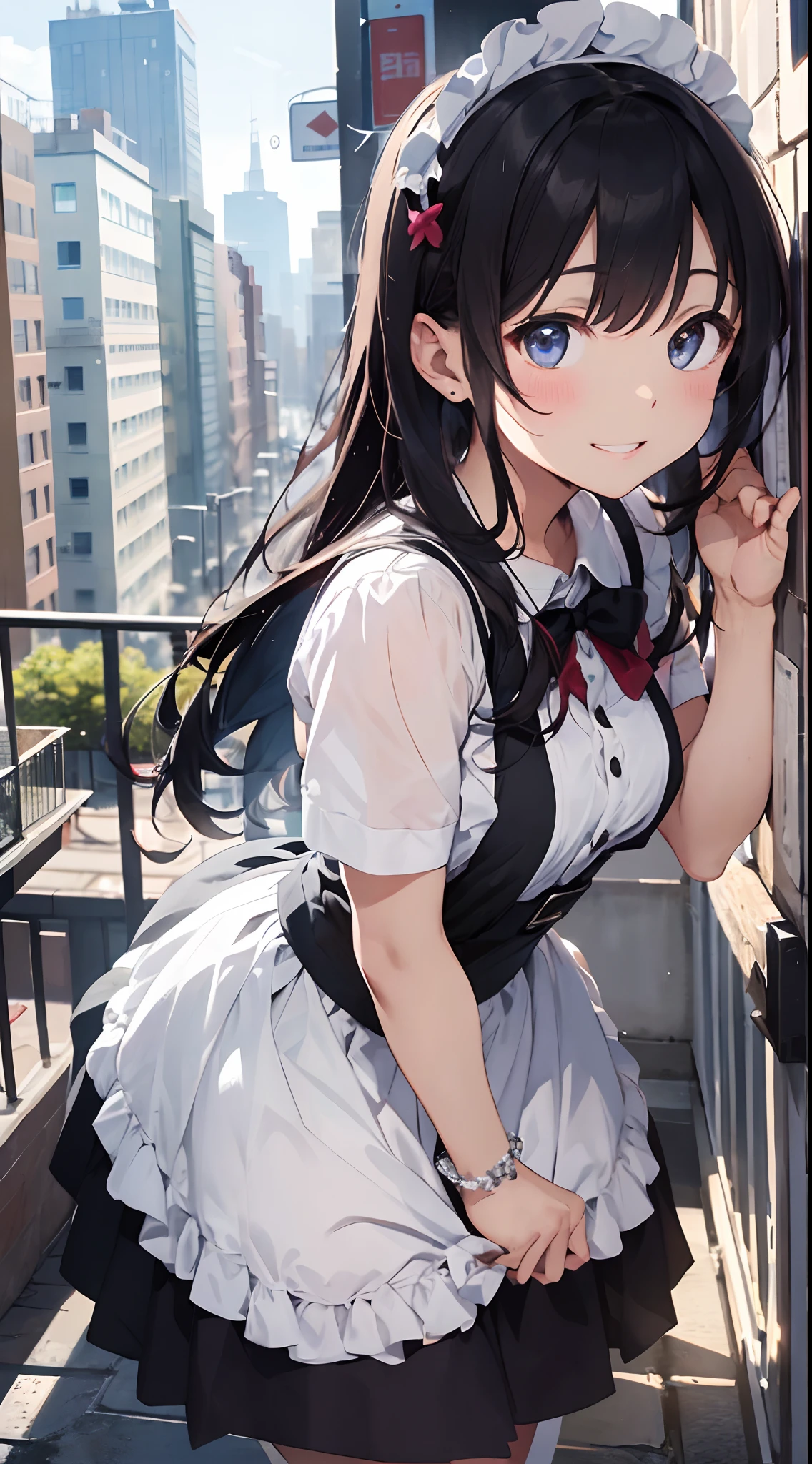 masterpiece、ultra-quality、An ultra-high picture quality、Detailed and delicate depiction、Maid:Cute、Has adorable outstanding looks。Has smooth hair、Her eyes are red and clear、Mote gesture、She's making a turn。Have a bright smile、The uniform is a classic maid outfit of black and white, with a long skirt and ankle-length、The apron looks white and neat.、The skirt is fluffy up on the turn。Background with:The scenery of the city is stylish and calm.、It has a bright, clean and fashionable atmosphere、(((Beautiful naked pubic hair:1.5))) ,more_Details:1.5, more_Details:1.8