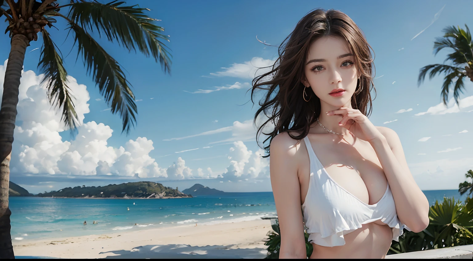 ((best qualtiy, 8K, tmasterpiece:1.3)), edgy:1.2, A beautiful woman with a perfect body:1.4, Slim Abs:1.2, ((Layered hairstyle, tits huge:1.5)), (Athens,the street:1.2),saturated:1.5,Highly detailed facial and skin texture,A detailed eye,Double eyelidd,Look at the camera sideways,open shirt,navels,exposed navel,Cover your chest with your hands,hands on breasts, Sunny weather, seaside, waves, palm tree, White tank top and ripped shorts, seaside, waves, palm tree, seaside, waves, palm tree, seaside, waves, palm tree, seaside, waves, palm tree