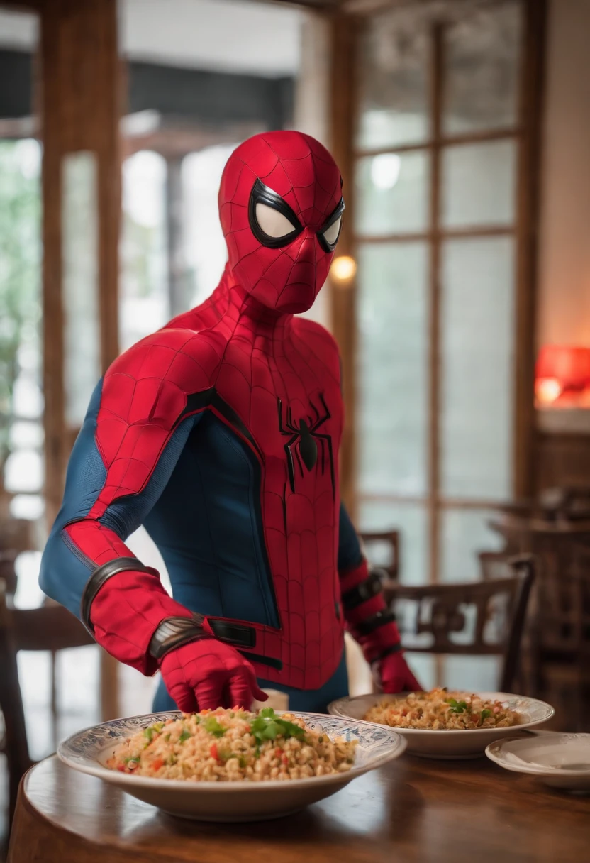Cinematographer, ultra realista, Ropa detallada, Bellamente detallado, UHD, HDR, Altas Resoluciones, ultra detallado, Detalles intrincados, Efectos texturales, absurdos, obra maestra, 8k:1.2. En esta imagen, vemos a Spider-Man en un inusual descanso de sus actividades heroicas. He's standing in a chic Asian restaurant in his iconic costume........................... Spider-Man holds a bowl of Chinese fried rice mixed with oriental stir-fried noodles in his hands skillfully.., usando unos elegantes palillos chinos para llevar un bocado a su boca. The plate is full of fried rice, salteado. The restaurant is decorated with traditional Chinese elements, como linternas rojas colgando del techo y dragones dorados esculpidos en las paredes. The dim light of the lanterns creates a warm and welcoming atmosphere in the place.
