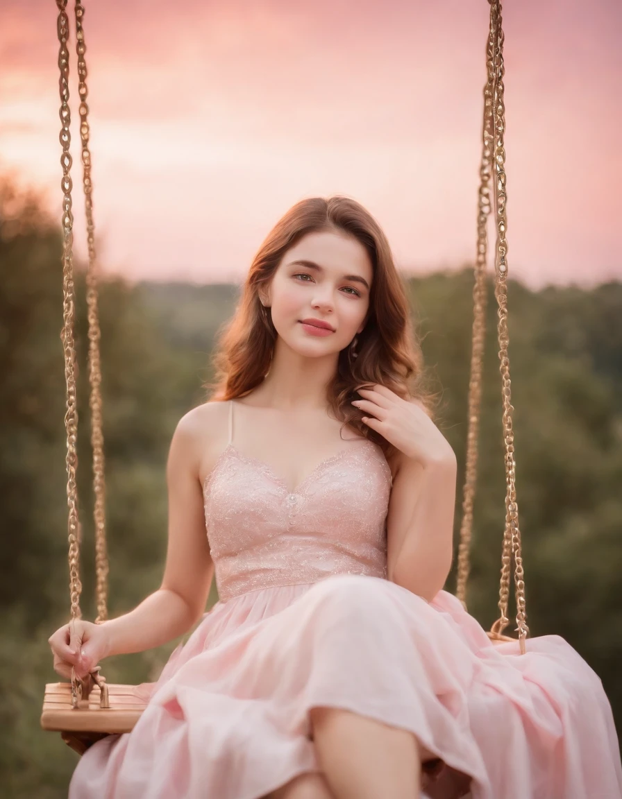 Stars in the blue sky, moon on the clouds, pink and gold style, dreamy symbolism, flickr, animated GIF, drawing dream, installation based, light silver and gold, an angelic girl sitting on a swing and smiling, beautiful, mysterious,(medium shot)