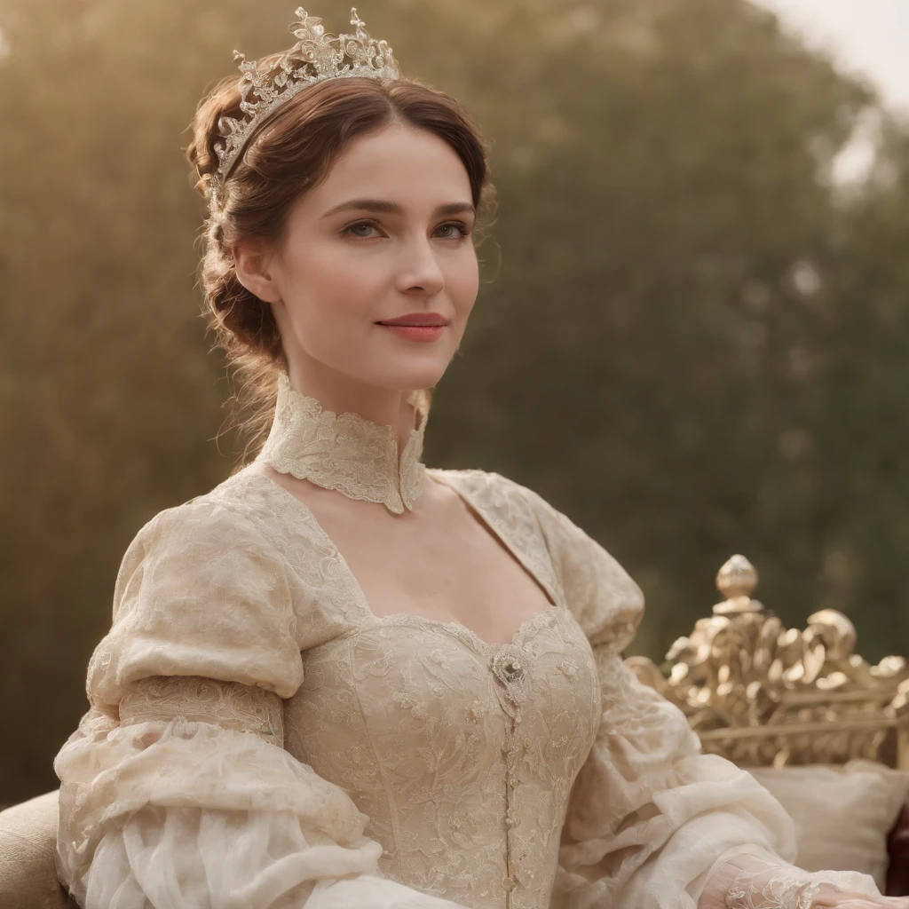 Sitting on the throne, Victorian era, Noble dress, Intricate decoration, spelling, Talking, Smileing, arms behind the back, Soft edge light, beautiful detailed sky, 巨作, very high resolution, highs quality, 4k, (Realistic Photos:1.2), photos,