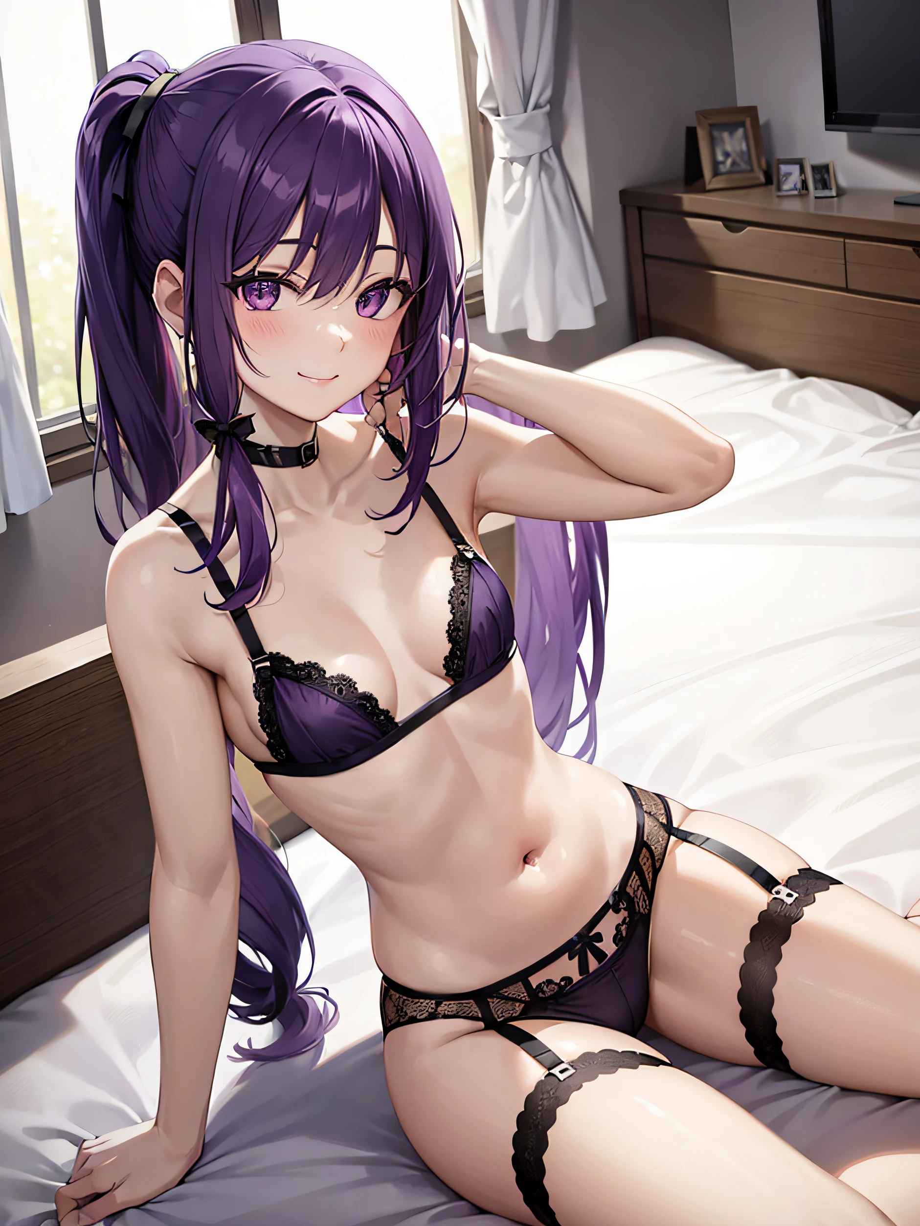 woman, ponytails, purple hair, smiling, erotic, girl's room, on the bed, small naked breast, garter belt