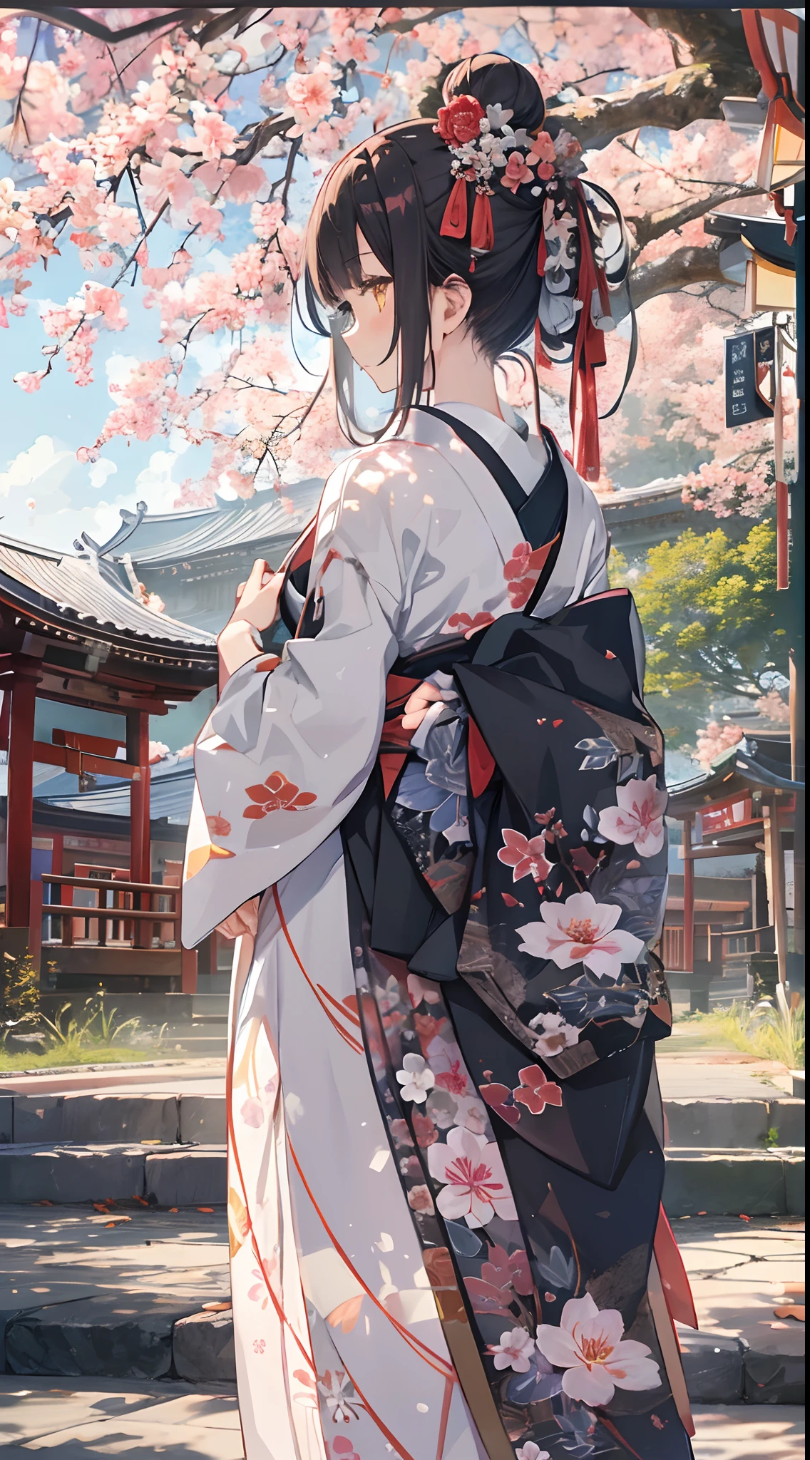 ((​masterpiece,top-quality)),2girls, Black kimono, Black legwear, a black ribbon, A dark-haired, cherry trees, Daytime, florals, Bun, Hair ribbons, Komono, Kimono, The long-haired, Behold, Looks Back, multipel Girls, Obi, outside of house, red eyes, redhair, bow ribbon, sandal, single hairbun, stairway, is standing, figura, torii gate, The tree, White kimono, yellow  eyes,perfect hand