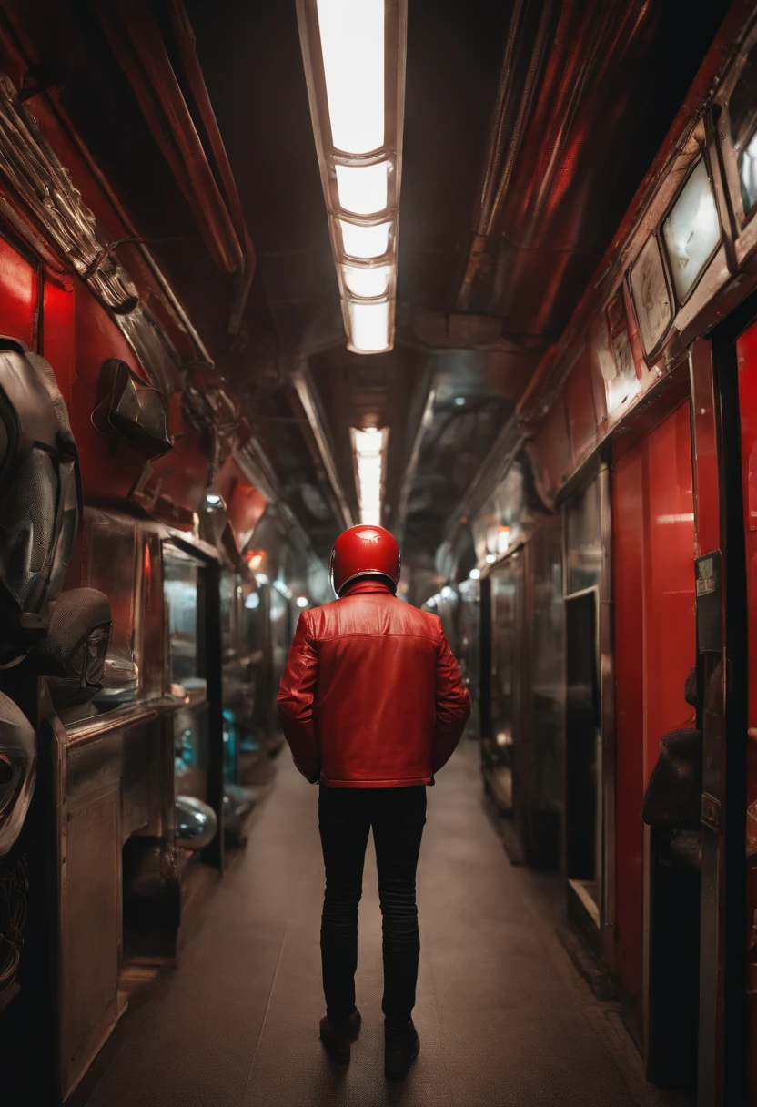Space capsule,looki at viewer,Realiy,A man in a black tight leather jacket,Wearing a futuristic helmet,cowboy lens,(fish eye),Cramped and dirty room,clothes details,Japan's old red light district,((()),((natta)),