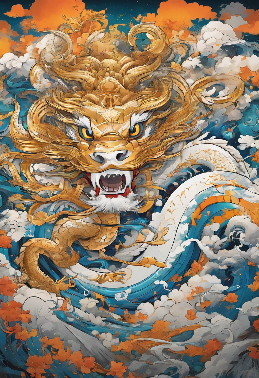 A logo、masterpiece、(white backgrounid:1)、Golden Chinese dragon surrounded by white clouds、Crystal background、the wind、Deities、long wavy body、tusk、The upper part of the body、Fantasia、myth、hightquality、ighly detailed、masterpiece、epic poem、Particle effect、Dynamic effects、Sun in the background