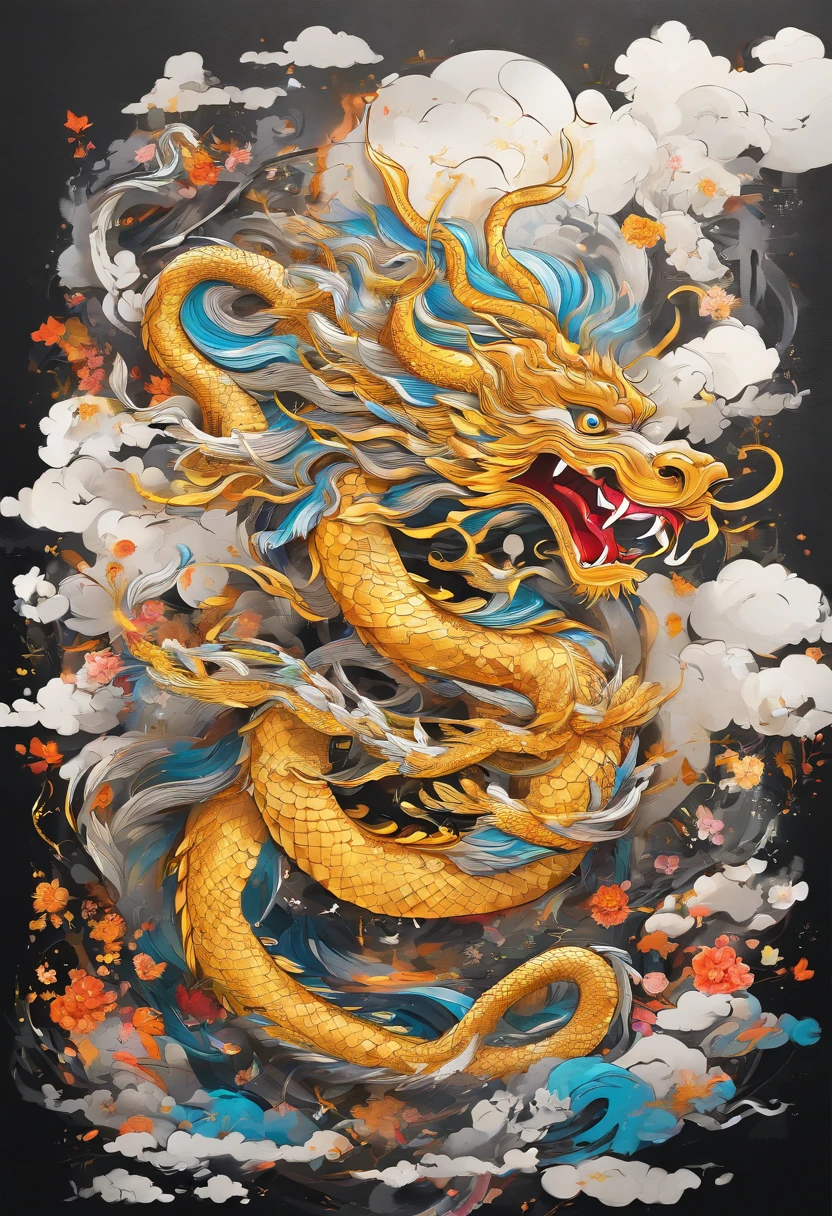 A logo、​masterpiece、(white backgrounid:1)、Golden Chinese dragon surrounded by white clouds、Crystal background、the wind、Deities、long wavy body、tusk、The upper part of the body、Fantasia、myth、hightquality、ighly detailed、​masterpiece、epic poem、Particle effect、Dynamic effects、Sun in the background