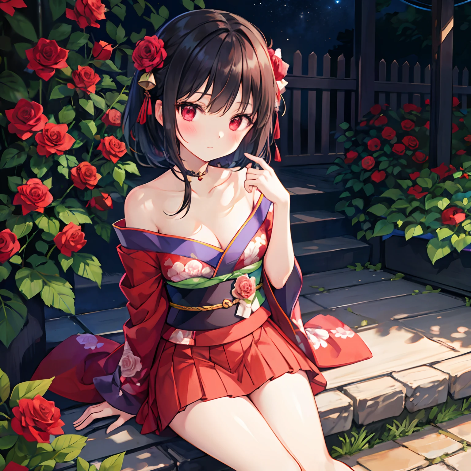 A dark-haired、red eyes、Beautiful girl alone、kimono、off shoulders、a miniskirt、Bright red rose garden、sitting on