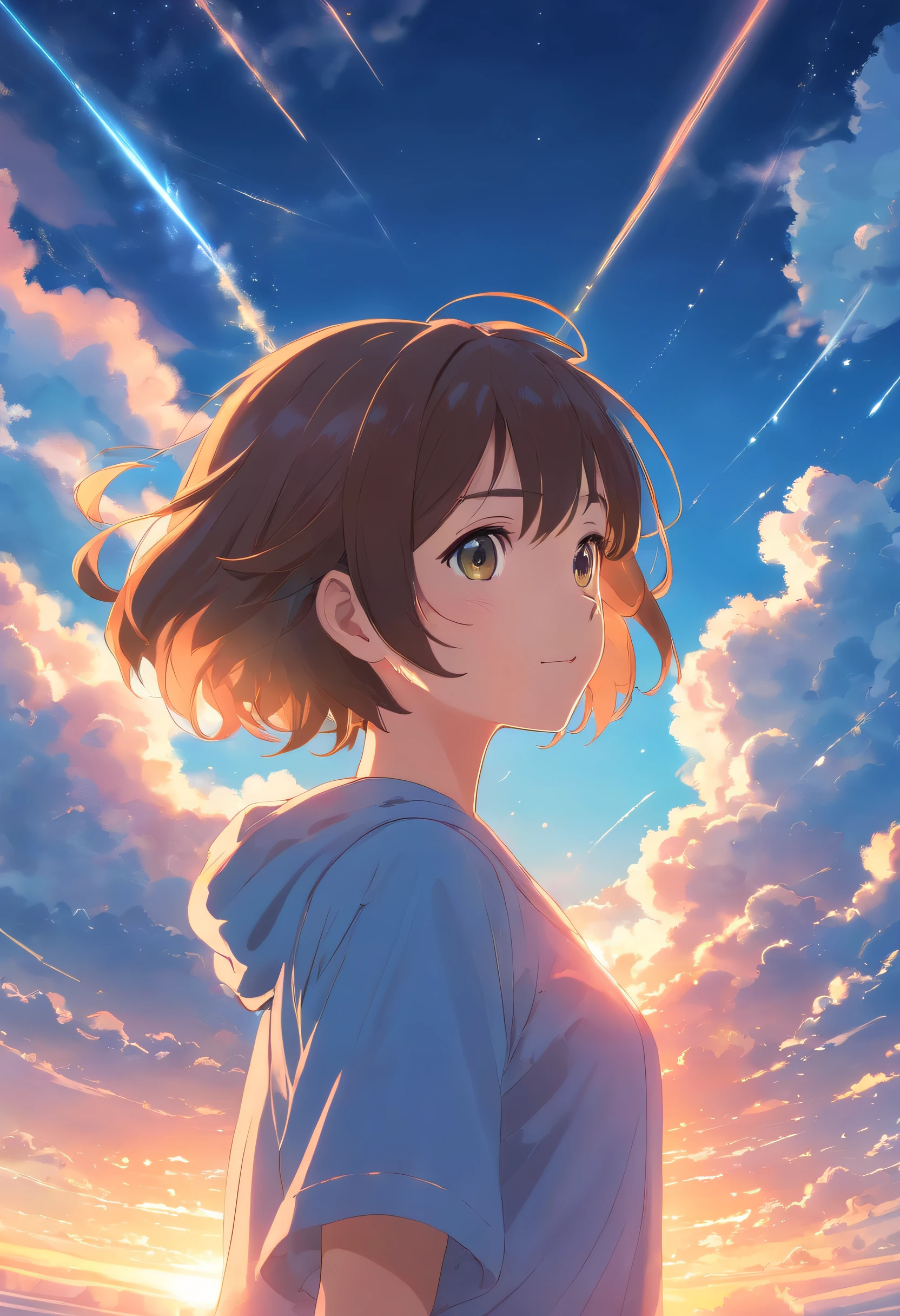 masterpiece, best quality, movie still, 1girl, cloud girl, floating in the sky, close-up, bright, happy, warm soft lighting, sunset, (sparks:0.7)