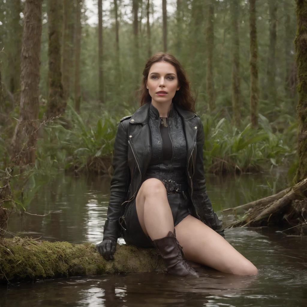 A woman resists her thighs in a swamp, Realistic fantasy rendering in a swamp, foto retrato pintura fosca, fotografia de fantasia realista, mini saia, Meias pretas com ligaduras, leather jacket, Botas de couro, imagem de cima