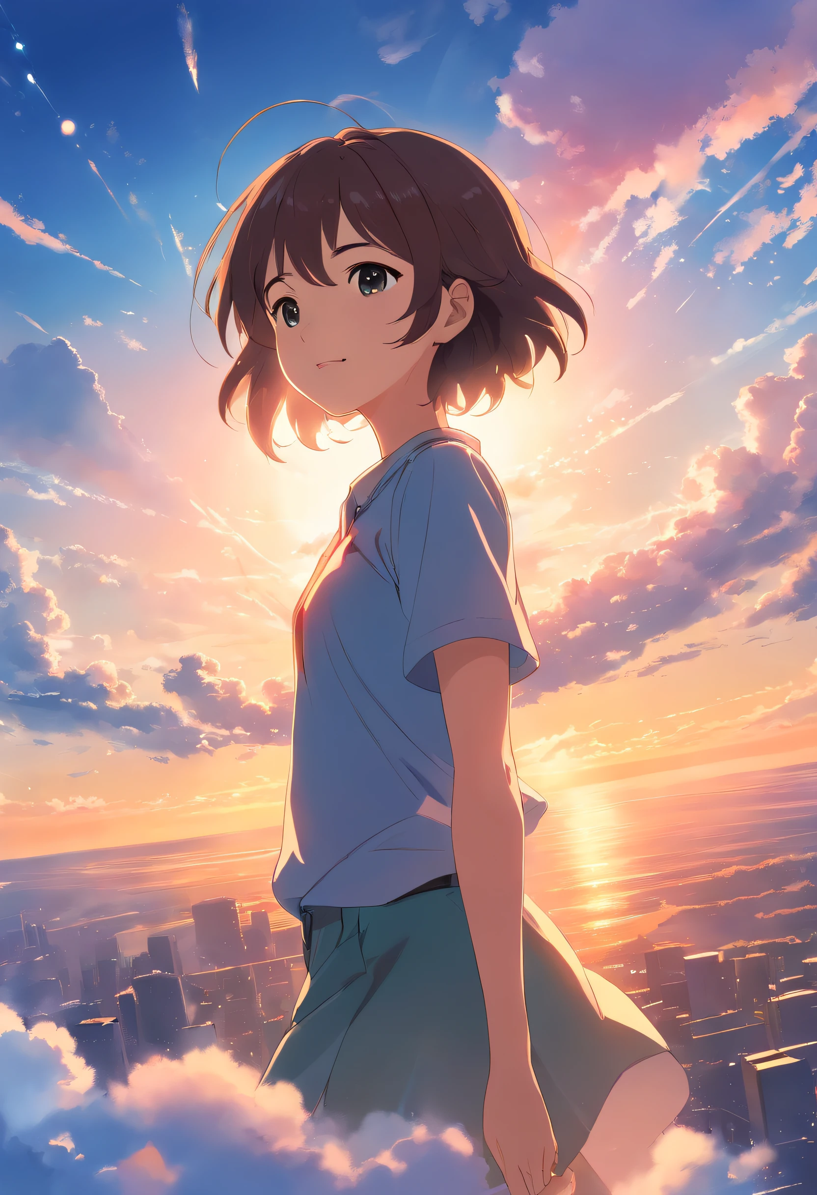 masterpiece, best quality, movie still, 1girl, cloud girl, floating in the sky, close-up, bright, happy, warm soft lighting, sunset, (sparks:0.7)