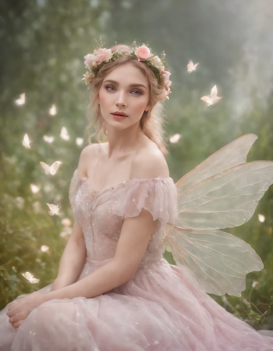 faery, Flowers, Sits, fairy wings, fairytale, phantasy, soft light, radiance,, Pastel colors, the night, clouds, the stars,(upper body)