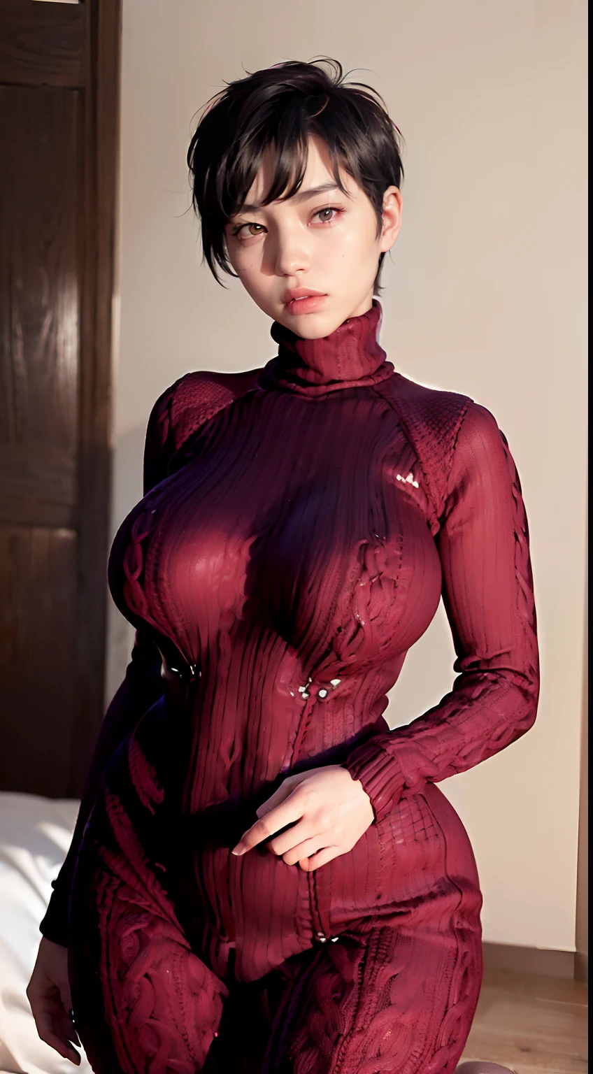(RAW photos, top quality, masterpieces), high-definition RAW color photos professional candid photos, (realistic, photorealism: 1.37), (highest quality), (best shadows), (best illustrations), ((ultra high resolution, high-definition CG unified 8K wallpapers, physically based rendering, movie lighting), (aegyo sal:1), 30-year-old girl, (modest girl laze around wearing dark red knitted long sleeve catsuit with dark red turtleneck:1.7), (cable knit:1.9), (Wool:1.9) indoors, bedroom, bed, eyes with beautiful details, light on face, ((Full body shot:1.2)), (especially warm light:1.4), Gently smiling expression,Glossy skin, (Thick thighs), ulzzang-6500-v1.1:0.2, Shy, , (Puffy, (Seductive Posture:2.0, Attractive:1.2)), (Idol), ((Good Anatomy:1.2))(Blanket on background, pillow on background), (Pixie Short Hair:2.0), (Detailed fabric:2.0), (Long Sleeves:1.2), (((((solo))))), (Alone:1.3), perfect face, (curvy), (thick thighs:1.4), (thick hips), (small waist), (Chubby cheeks:1.5), (Split Chin:1.2), (Sharp Eyes:1.2), (Stylish glasses:1.2), (Wool Cable Knit stockings:1.4), (thick thighs:1.9), (big hips:1.9), (huge breasts:1), (Alone:2.0),